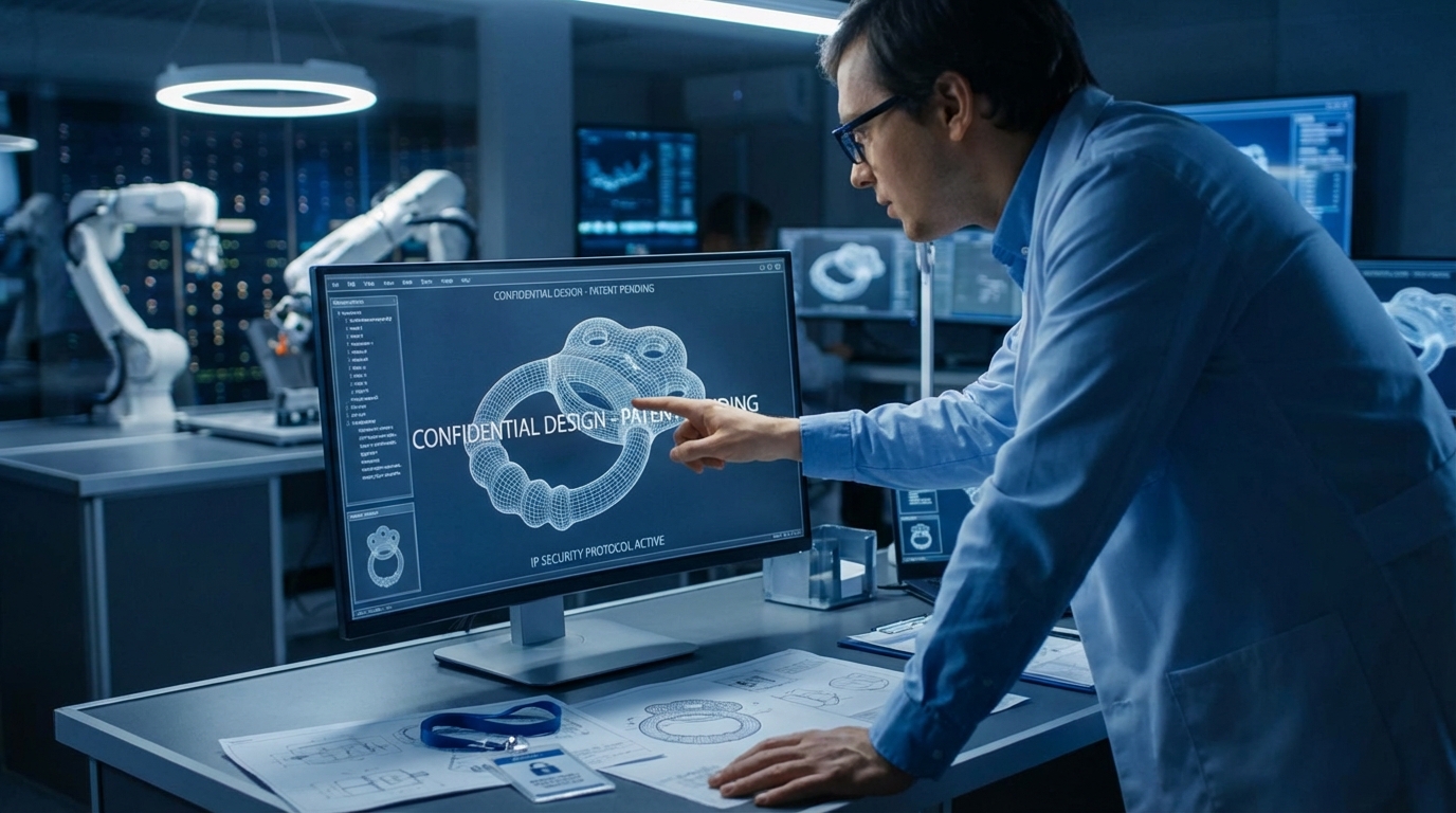 A professional engineer in a tech lab reviewing a 3D blueprint of a baby teether on a large monitor, emphasizing design security.