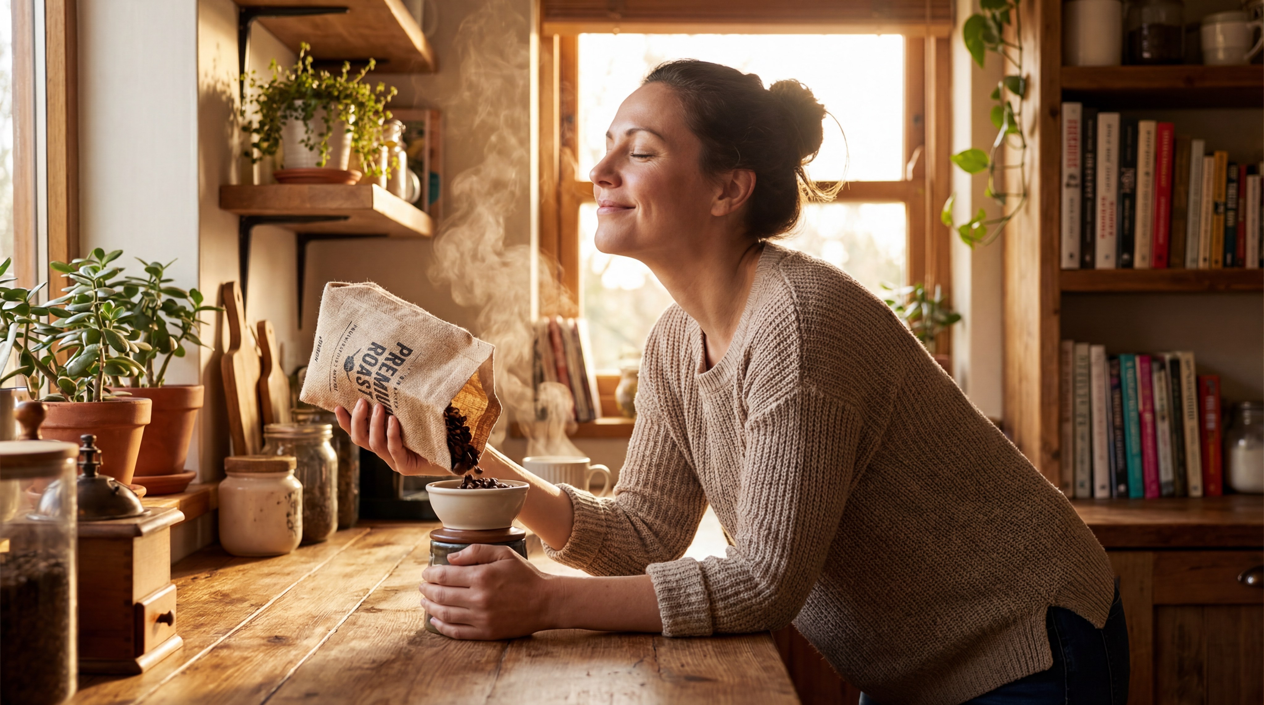 Consumer Pouring Fresh Coffee Beans in Cozy Kitchen