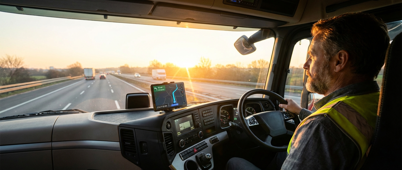 Professional driver in a modern semi-truck cabin glancing at a mounted GPS tablet during sunrise