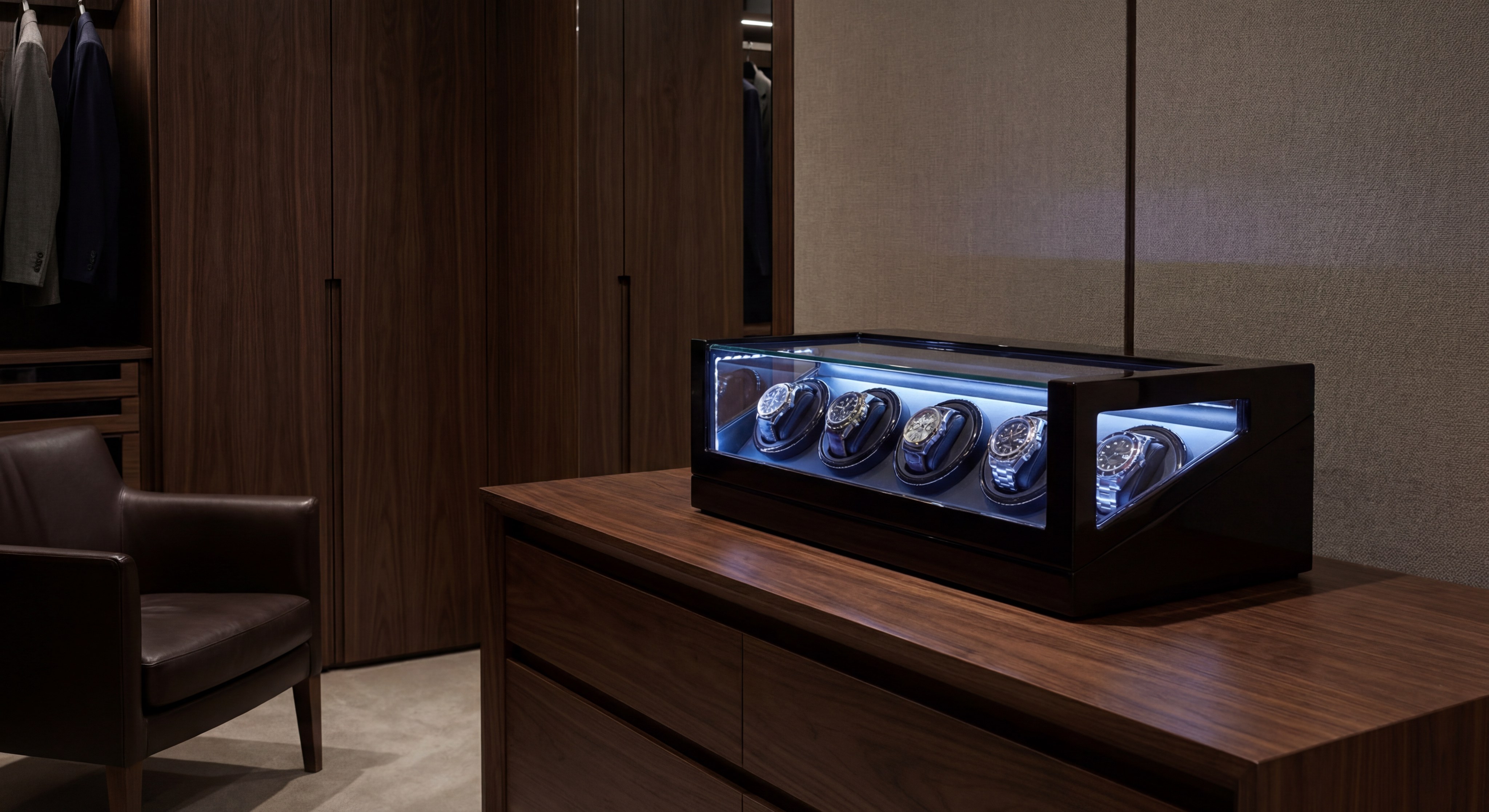 Photorealistic close-up of a high-end watch winder box with fine wood grain