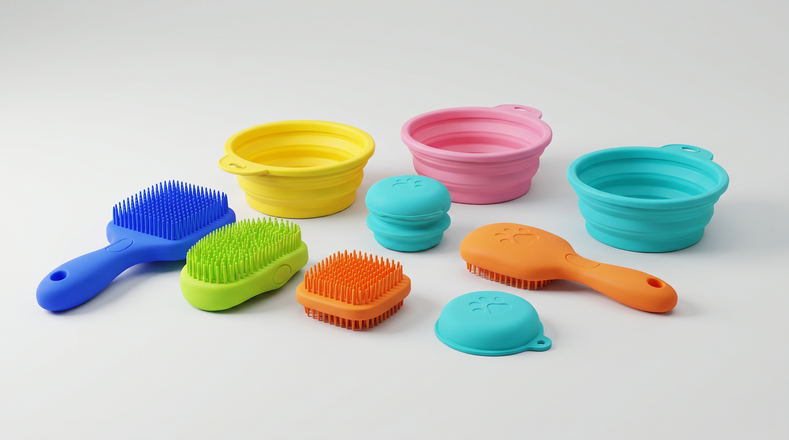 Catalog of various silicone pet products including brushes and bowls