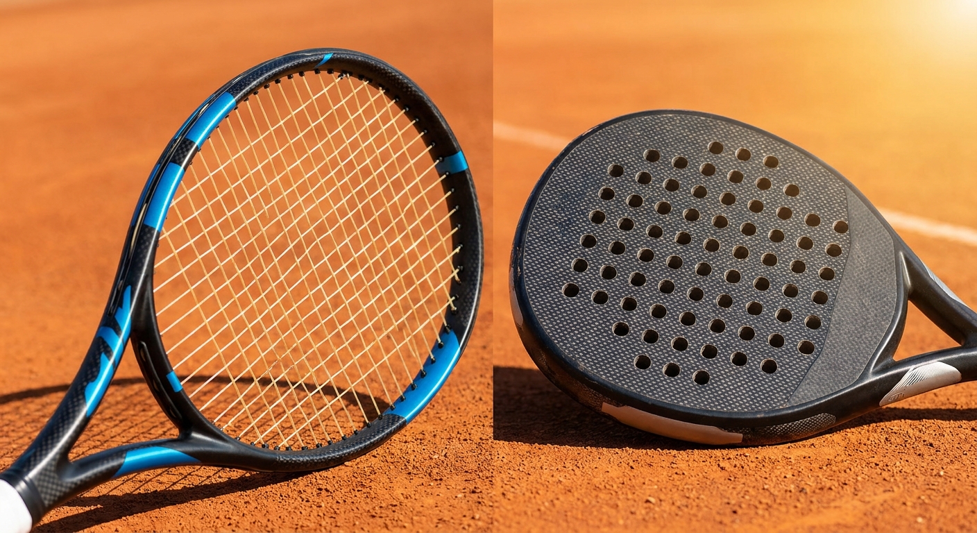 Image 2: Side-by-side comparison of a tennis racket and a solid padel racket