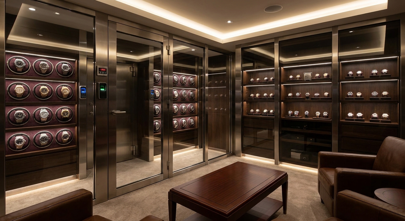 An elite, high-security watch preservation vault showcasing high-end luxury watch display