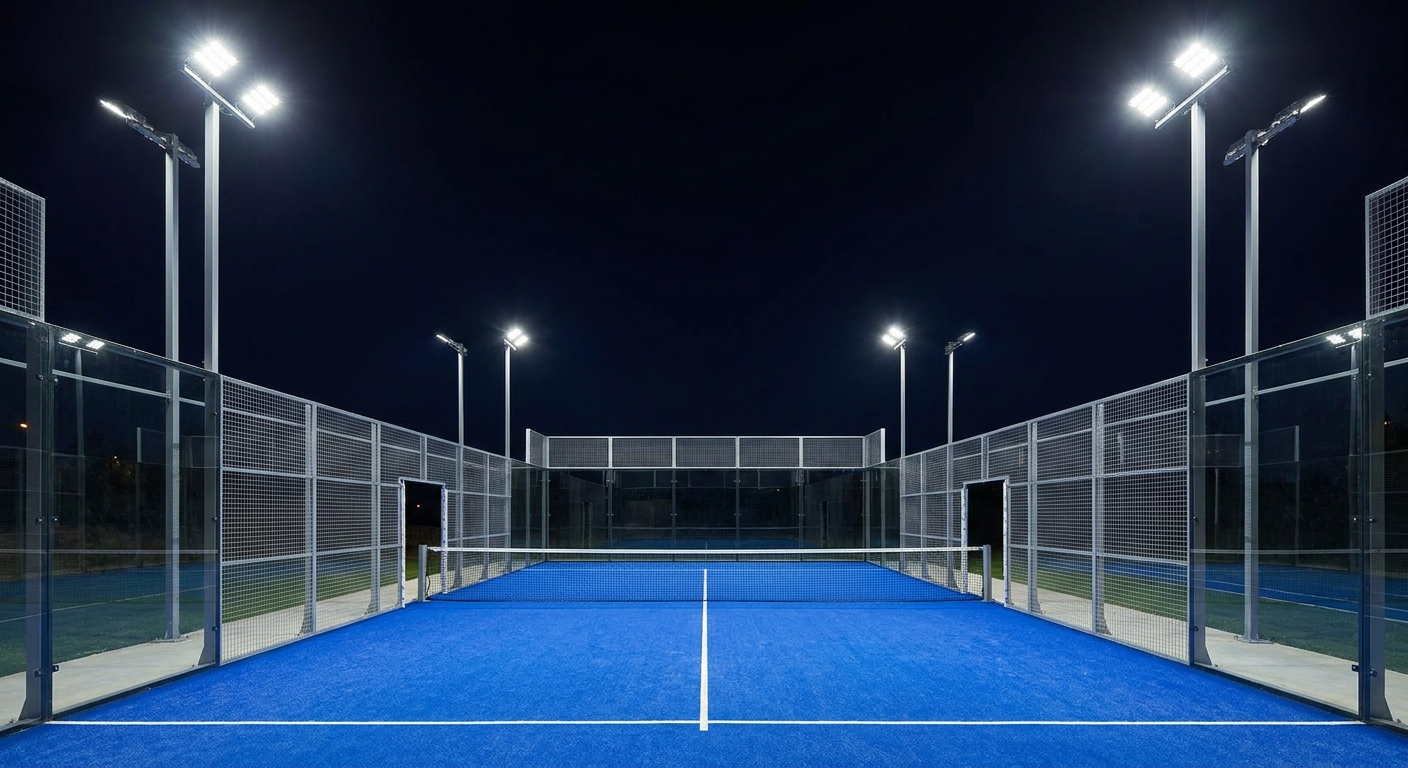 A wide shot of a blue padel court at night, illuminated by four high-intensity LED floodlight pillars with zero-glare.