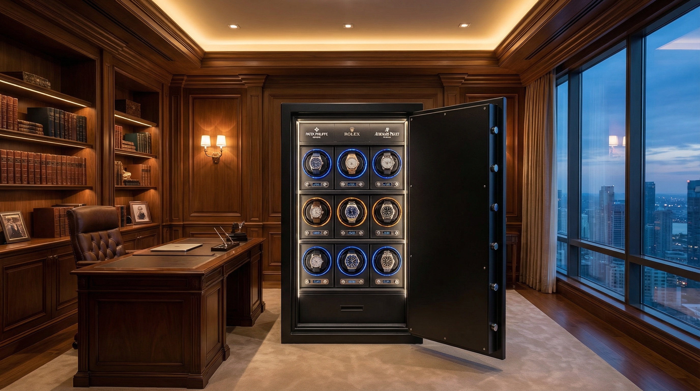 Luxurious home office with a sleek, black steel safe standing open, revealing glowing watch rotors