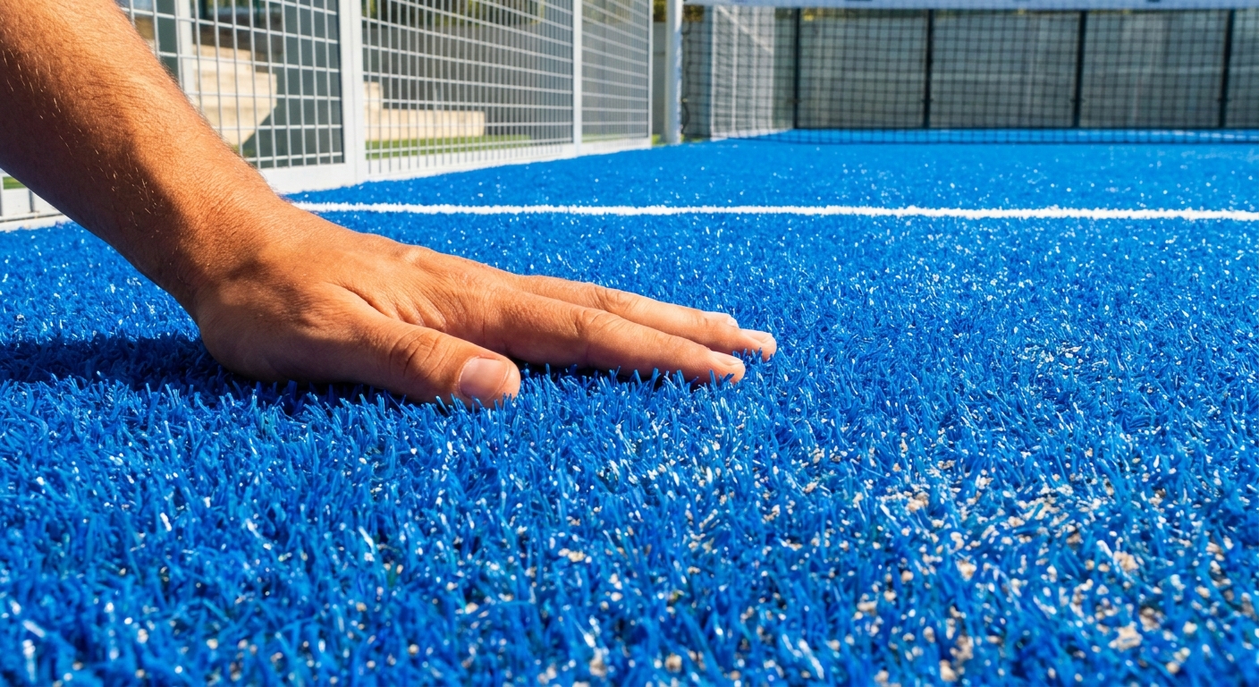 Padel turf closeup with hand