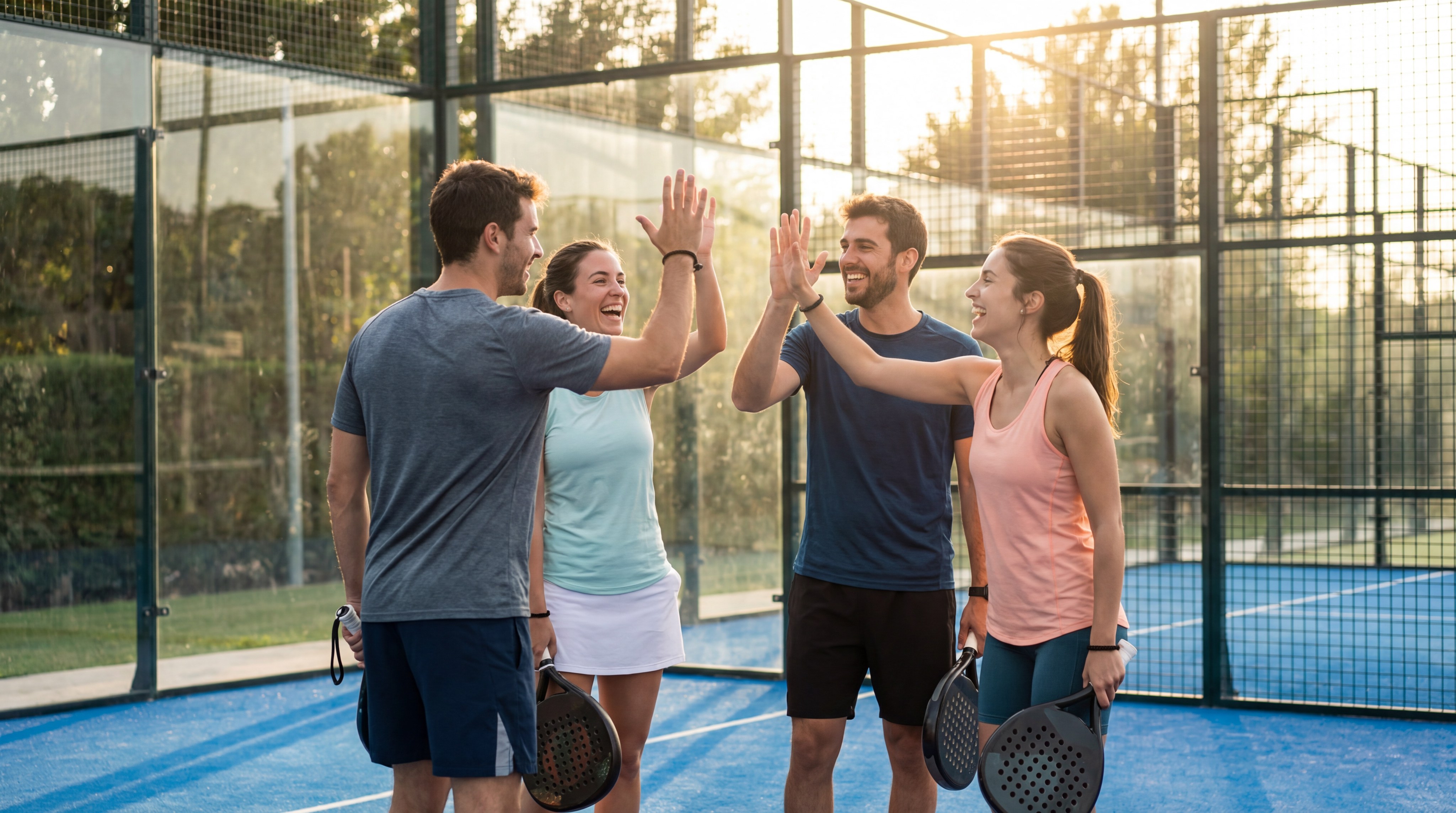 A group of friends high-fiving on a blue court, representing a successful facility launch.