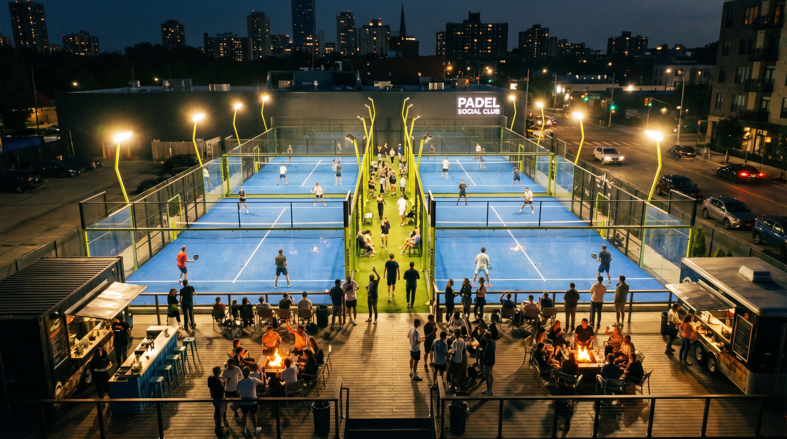 Active padel club night scene with players