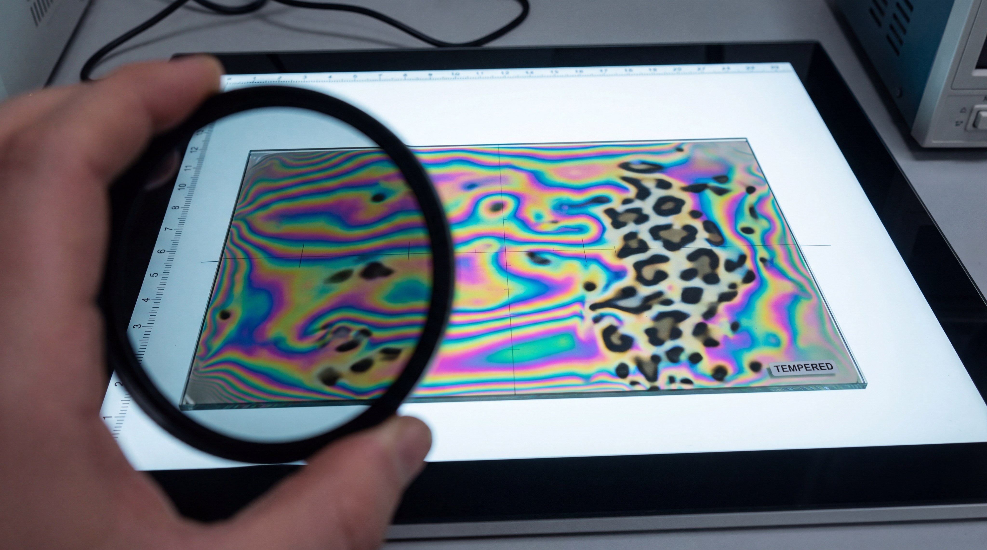 Polarized view showing stress analysis in tempered glass