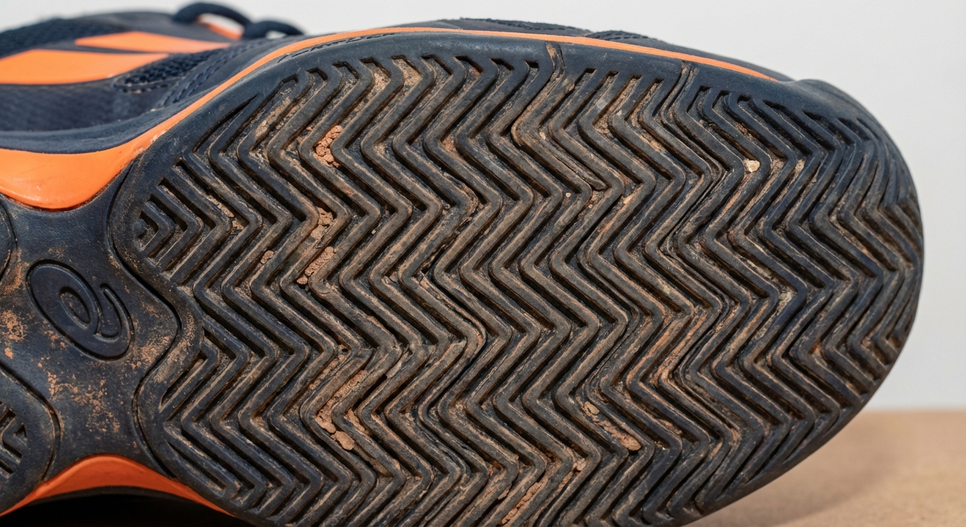 A close-up view of the herringbone (zigzag) sole pattern of a padel shoe, showing how it interacts with sand.
