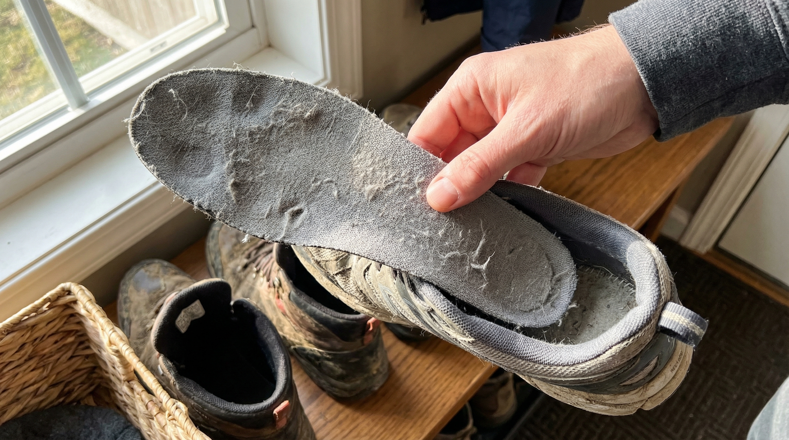 A hand holding a worn, dirty sneaker insole that has been removed from a muddy shoe, showing signs of heavy use and debris.