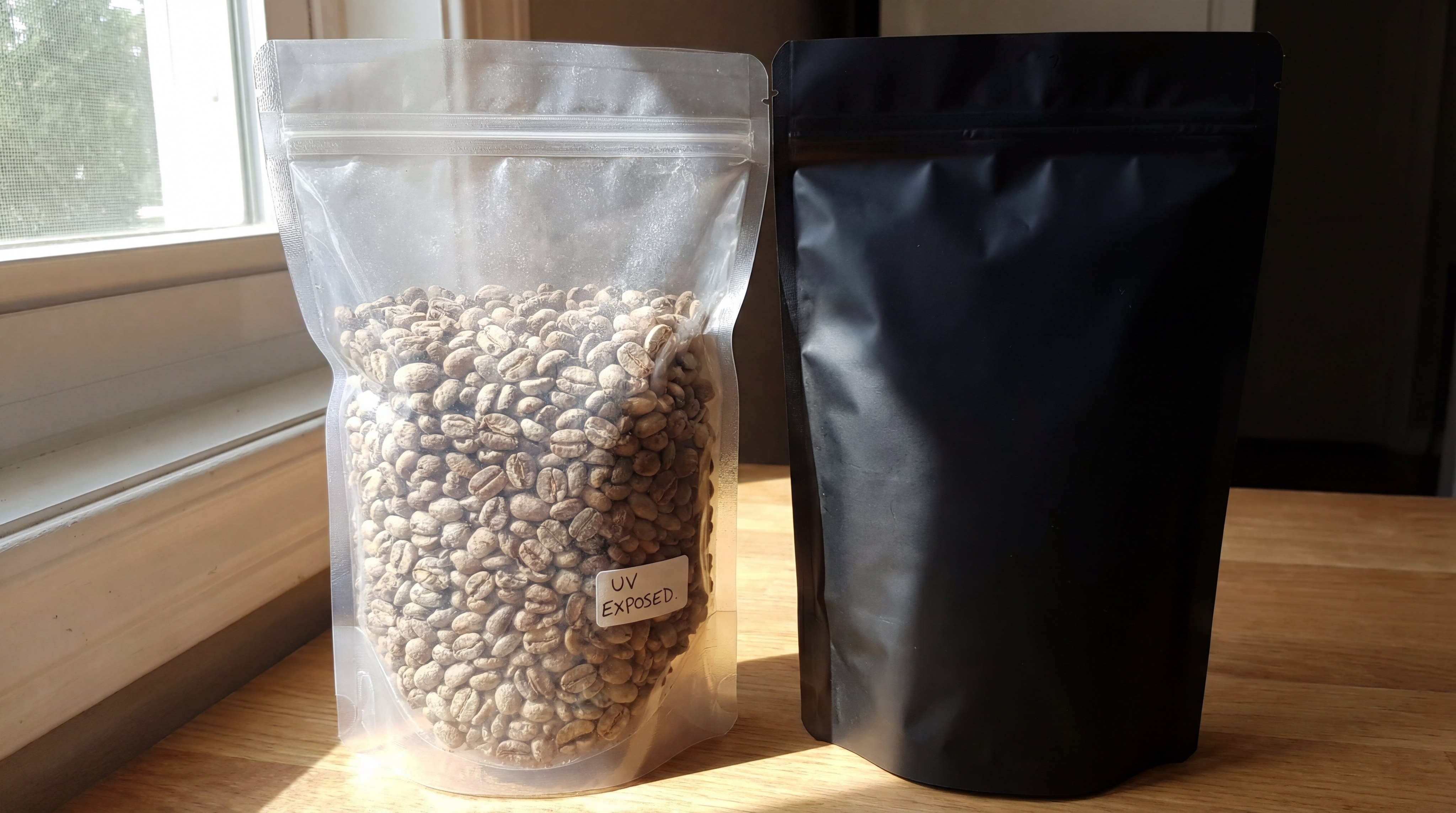 Wide shot of a modern production line where a newideapack machine is injecting nitrogen into coffee pouches just before the final heat seal.