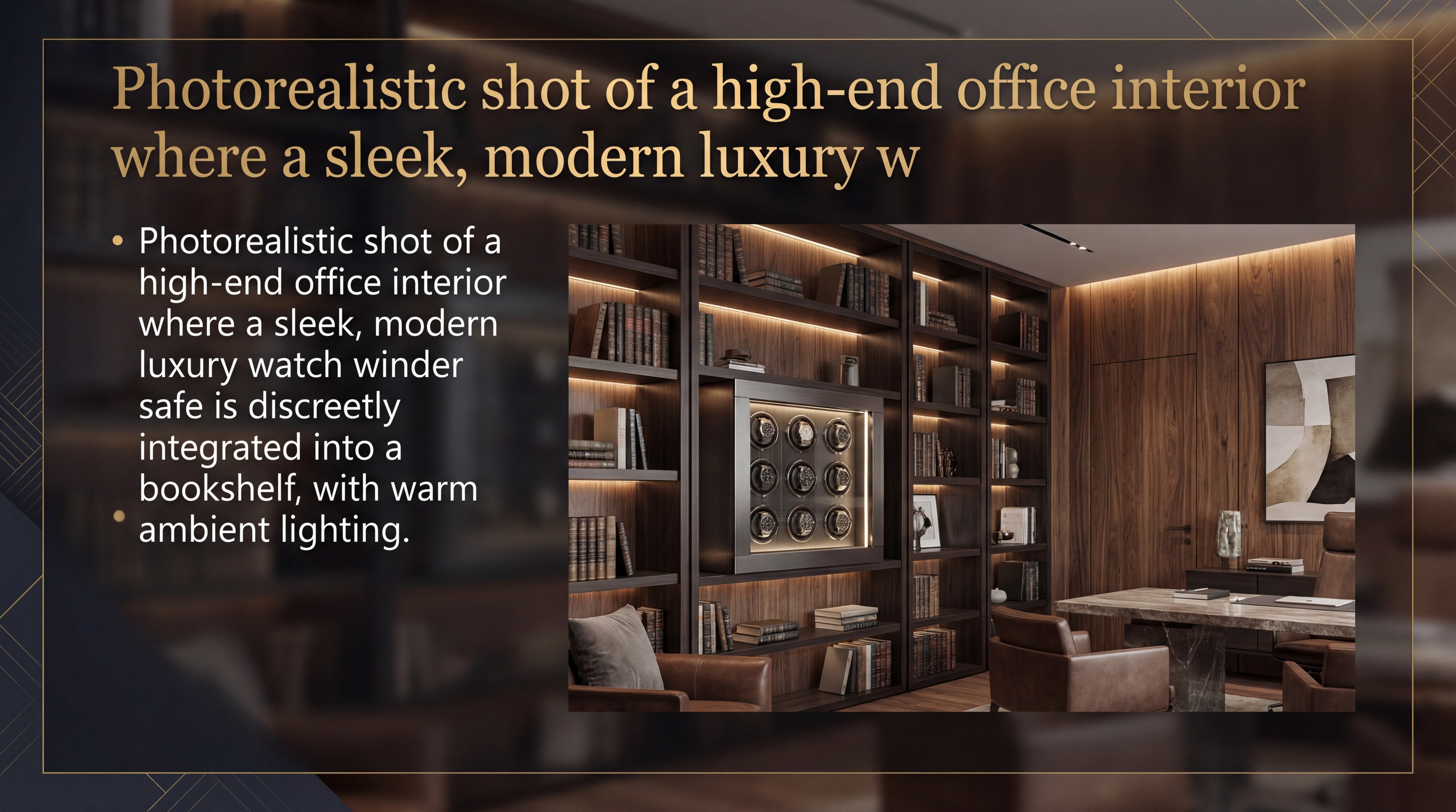 Photorealistic shot of a high-end office interior where a sleek modern luxury watch winder safe is integrated into a bookshelf