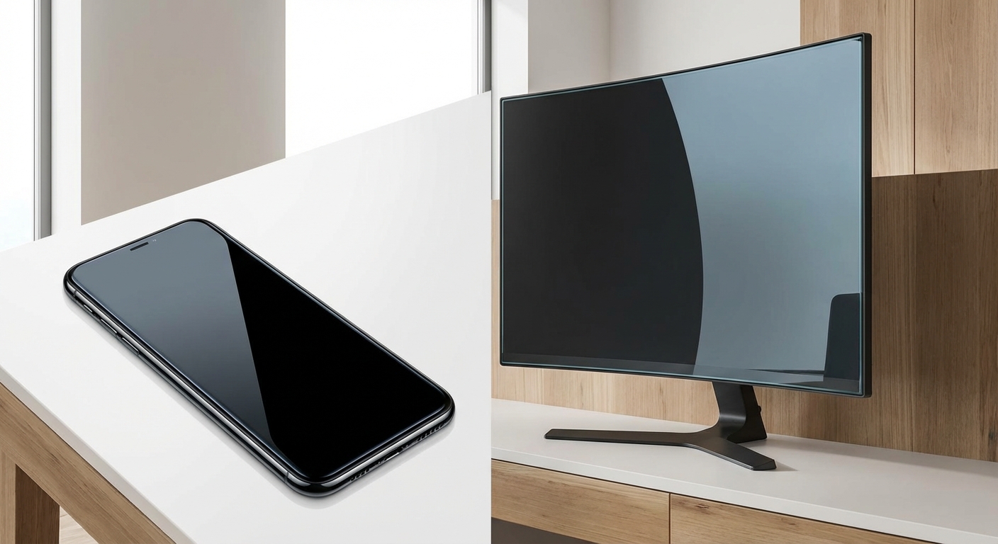 A high-tech smartphone and computer monitor illustrating the use of tempered glass in electronics.