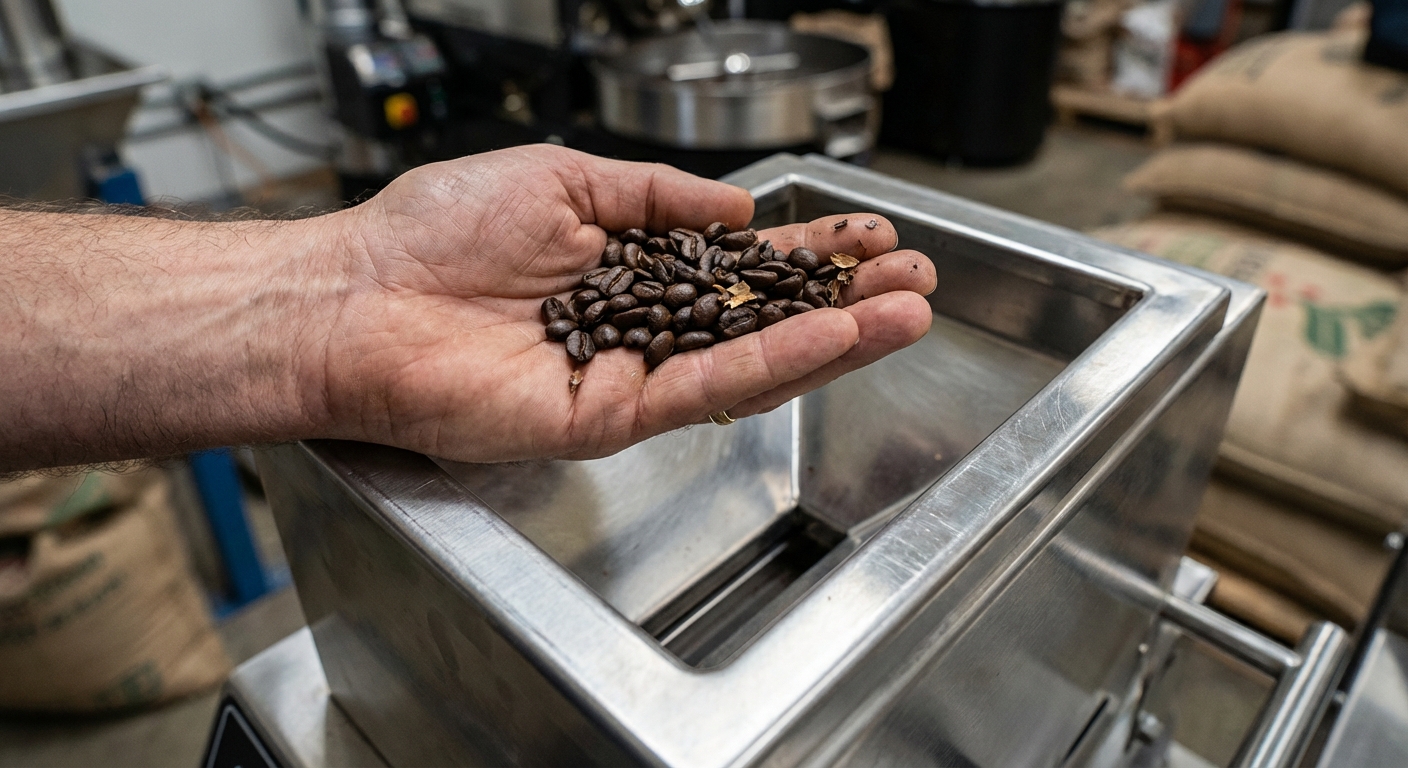 Photorealistic image of a hand holding a handful of perfect, unchipped roasted coffee beans next to a stainless steel hopper.