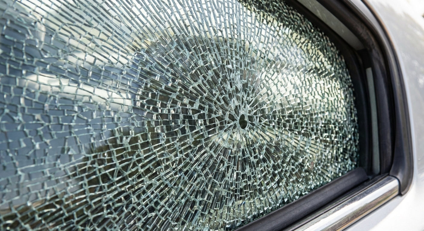 Automobile side window shattered into safe, small granular pieces.