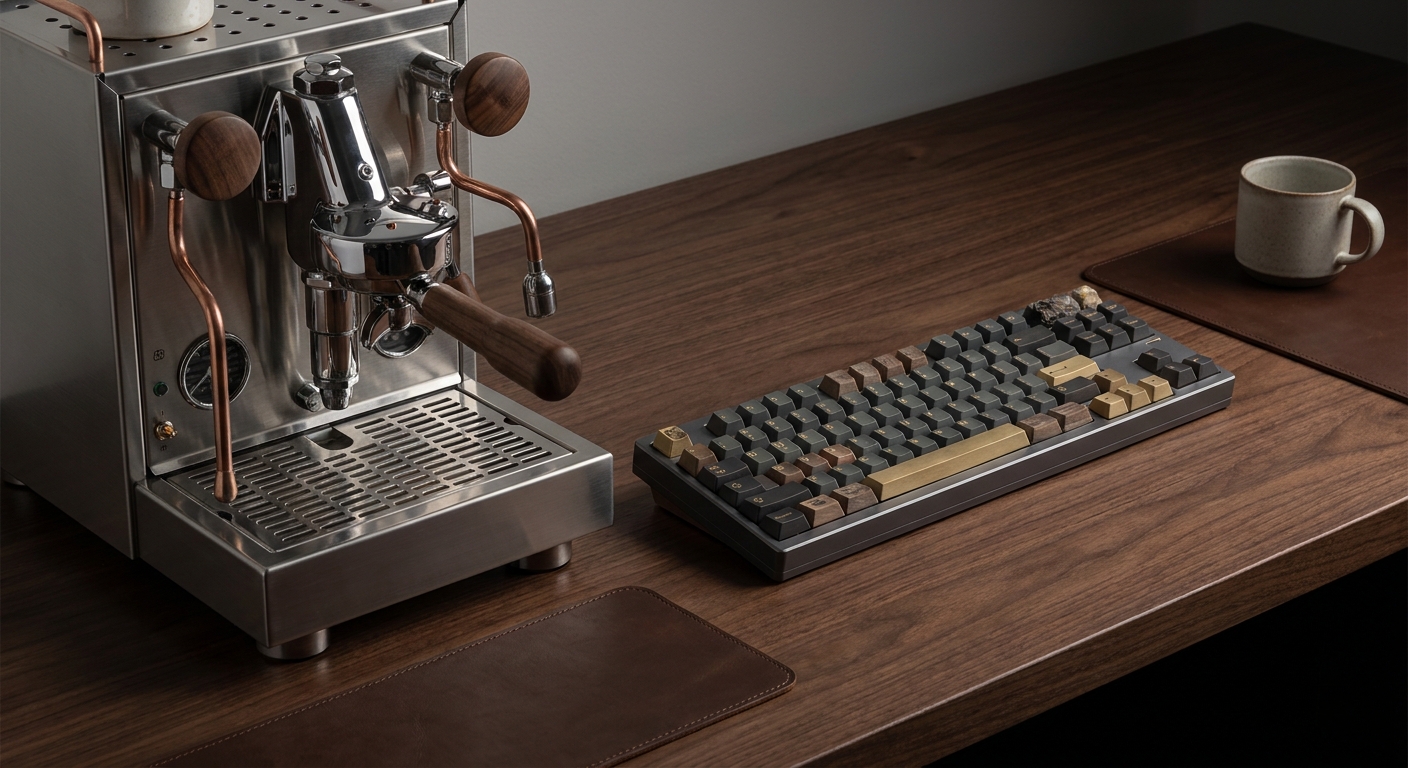 Premium Mechanical Keyboard and Espresso Machine Product Display