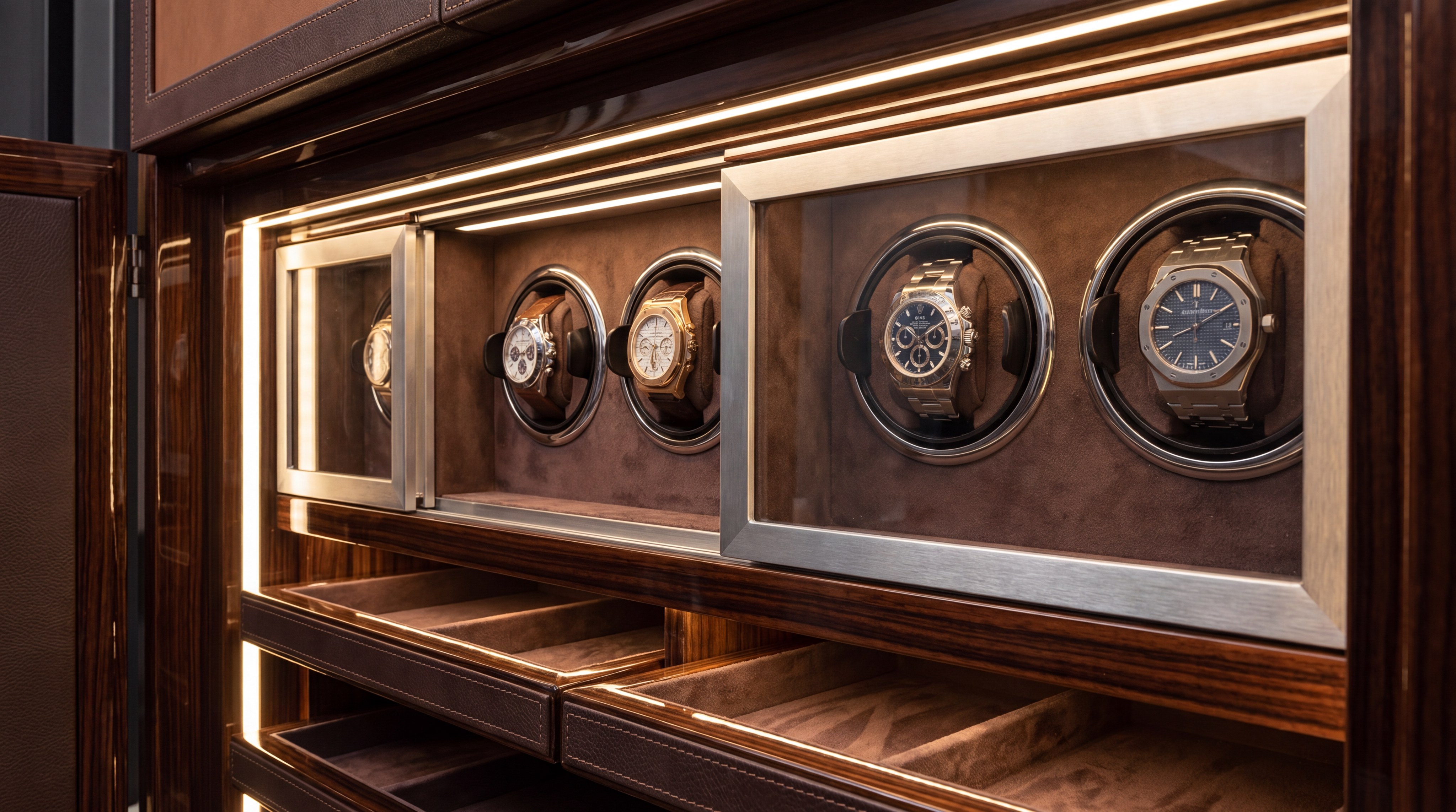 Interior of a luxury watch safe with drawers