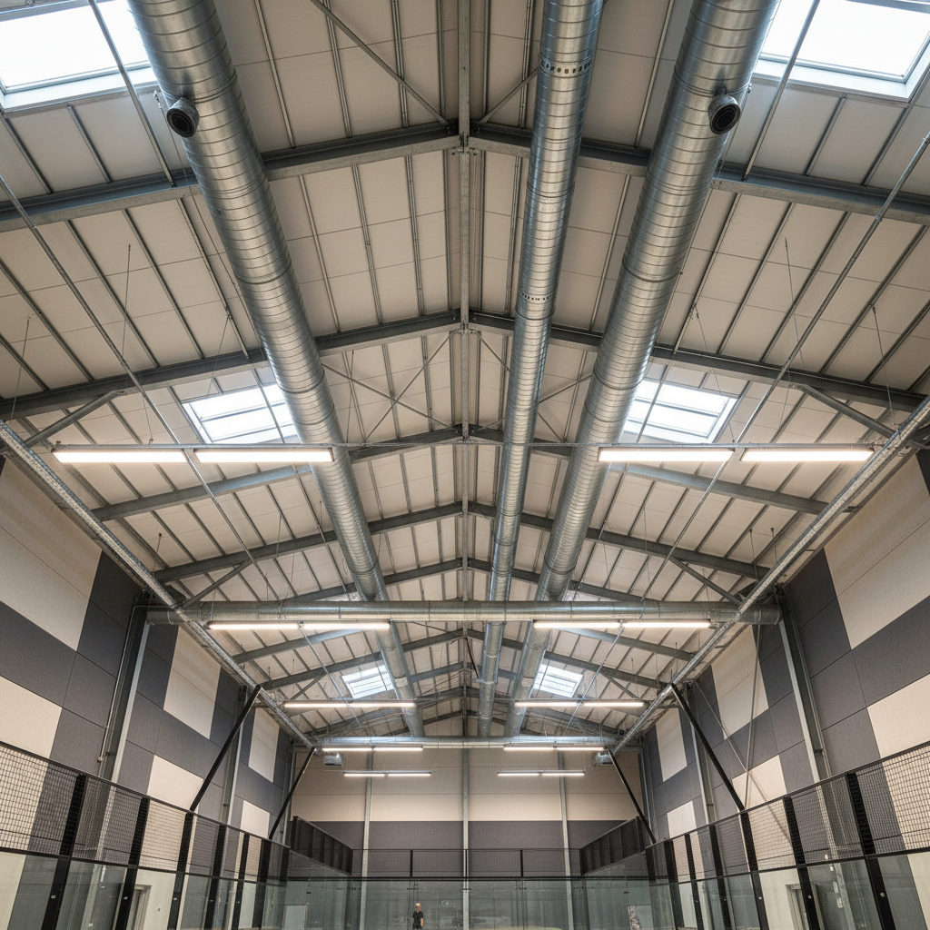 A visualization of a premium padel haus ceiling and social amenities