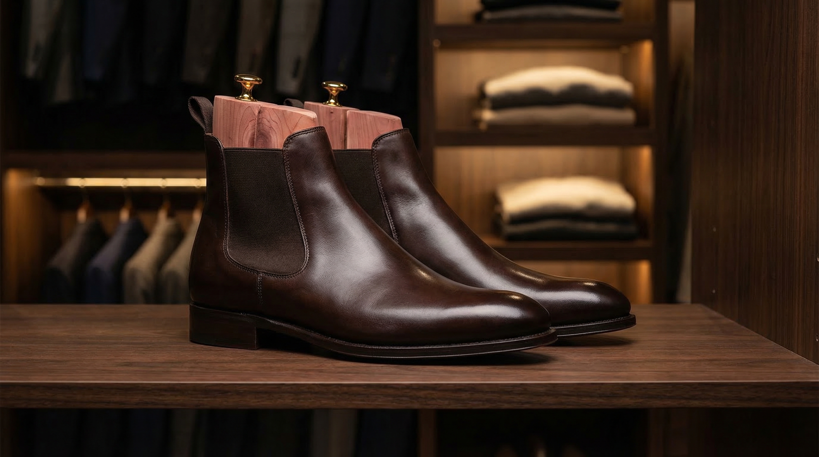 Luxury leather Chelsea boots being stored with cedar shoe trees in a well-organized closet to prevent moisture and squeaking.