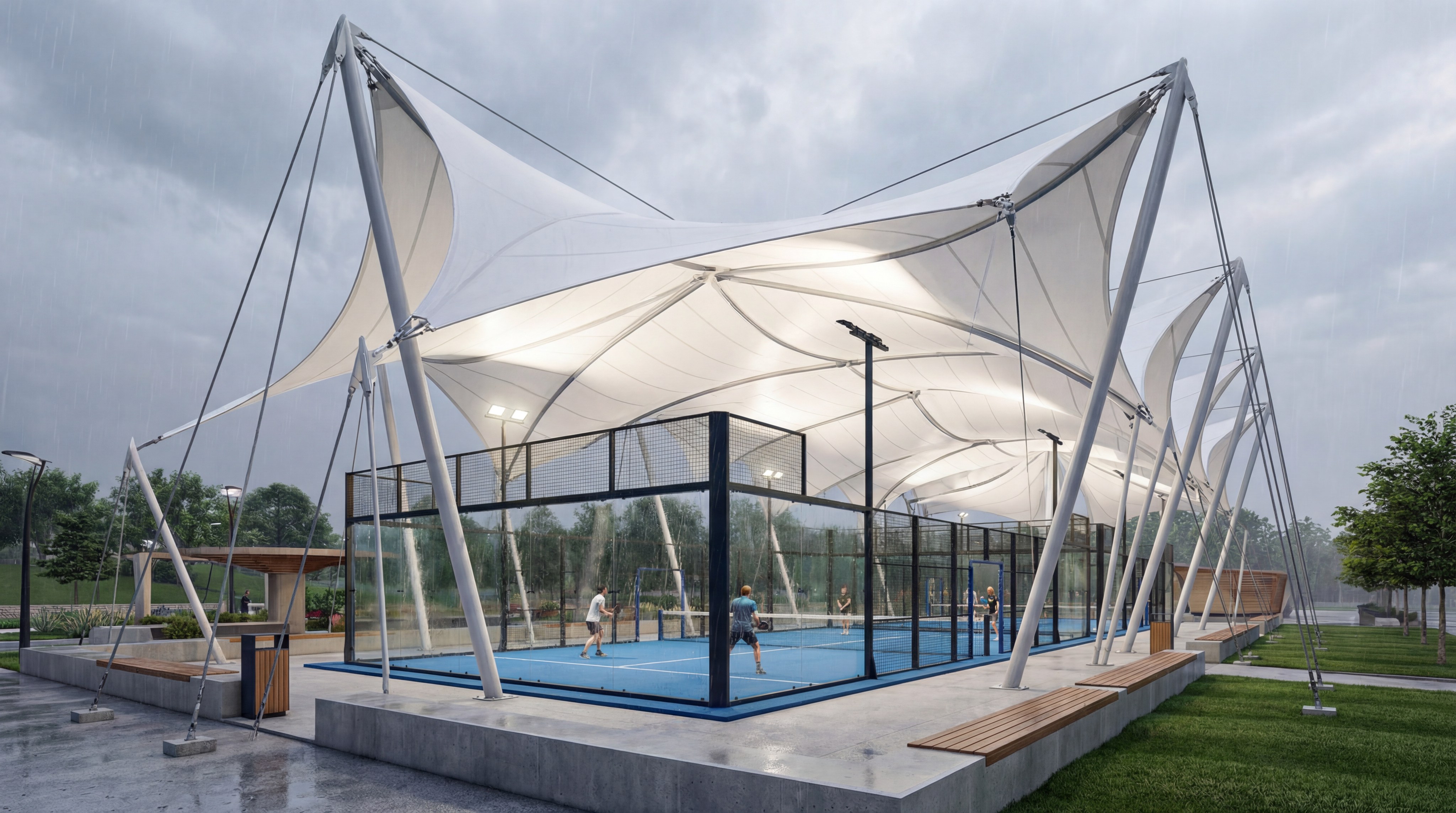 modern padel court tensile roof