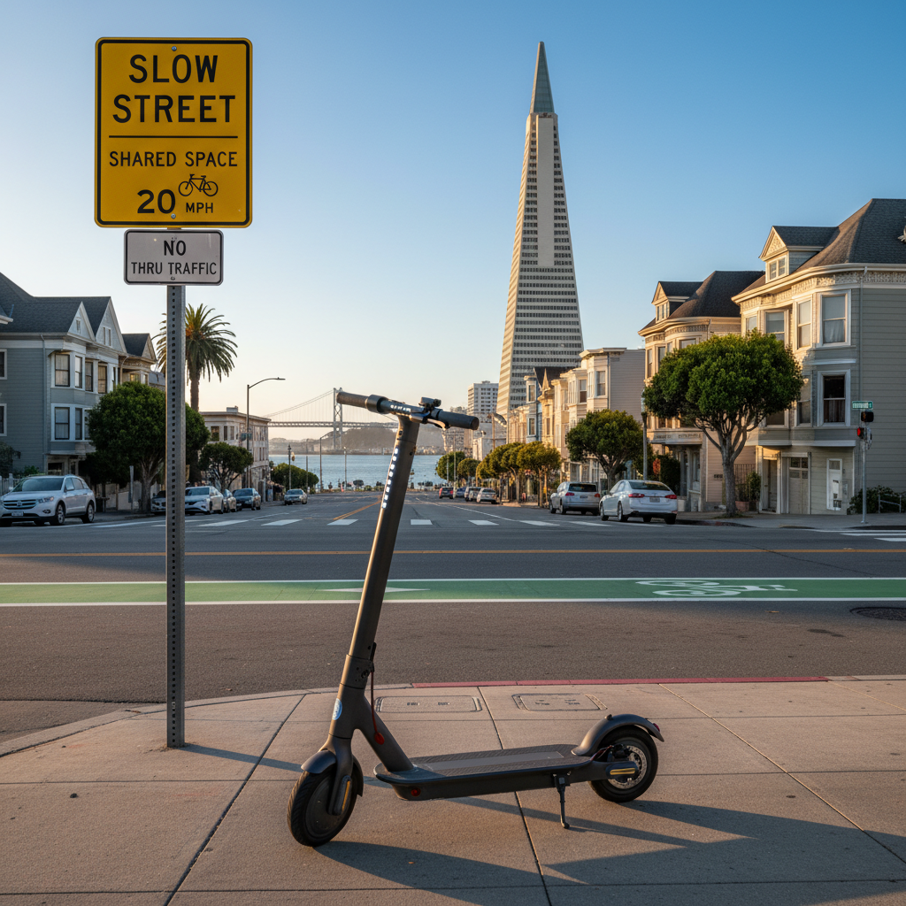 A scooter standing on a sidewalk near a "Slow Street" sign, with the Transamerica Pyramid visible in the distance.