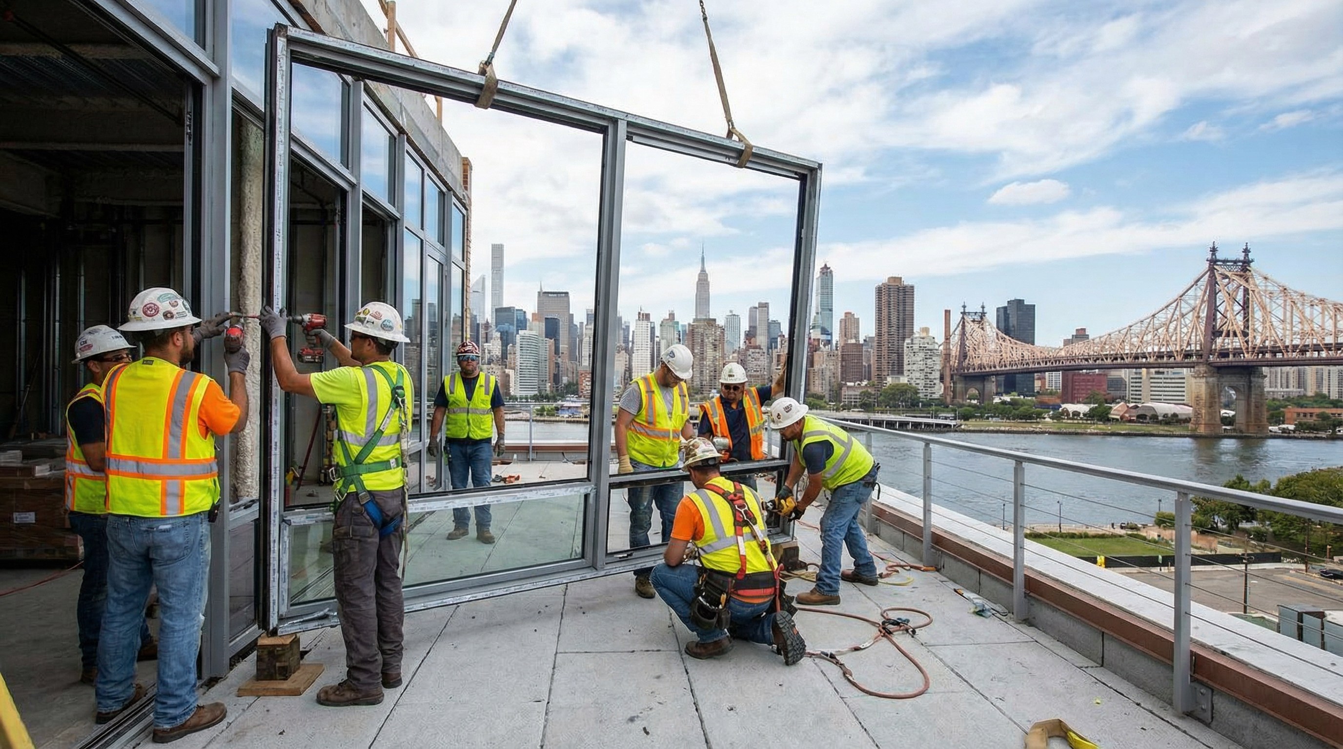 A photorealistic image of a professional installation team at a job site in Long Island City, securing a Panoramic frame with the city skyline in the background.
