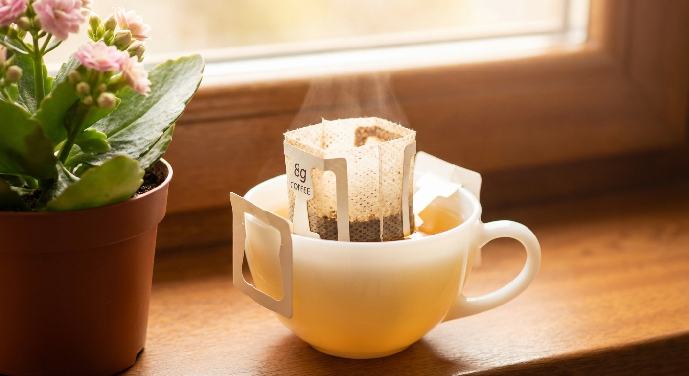 8g drip coffee bag brewing into a delicate porcelain cup