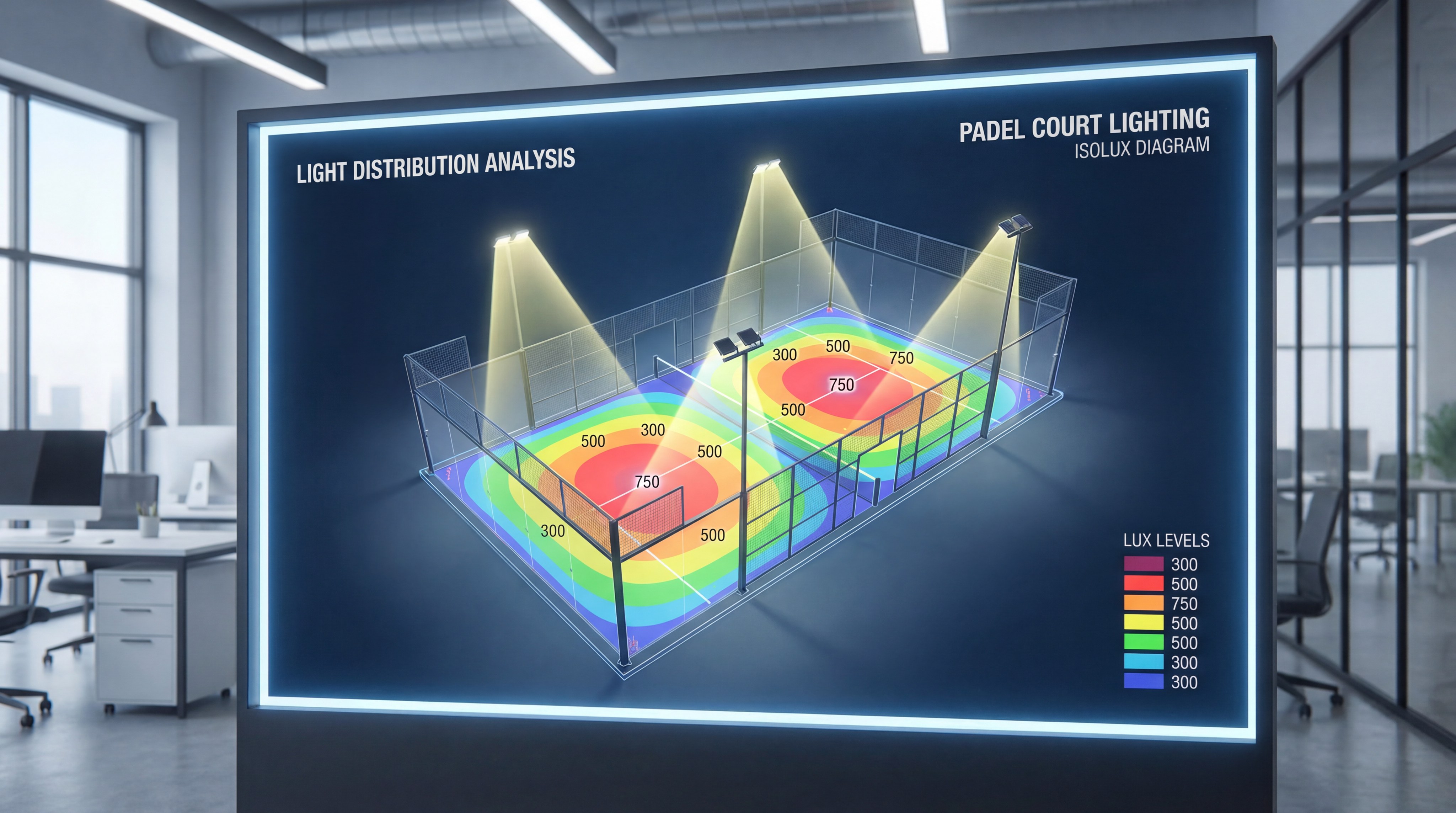 Detailed light distribution analysis chart for a padel court showing lux levels