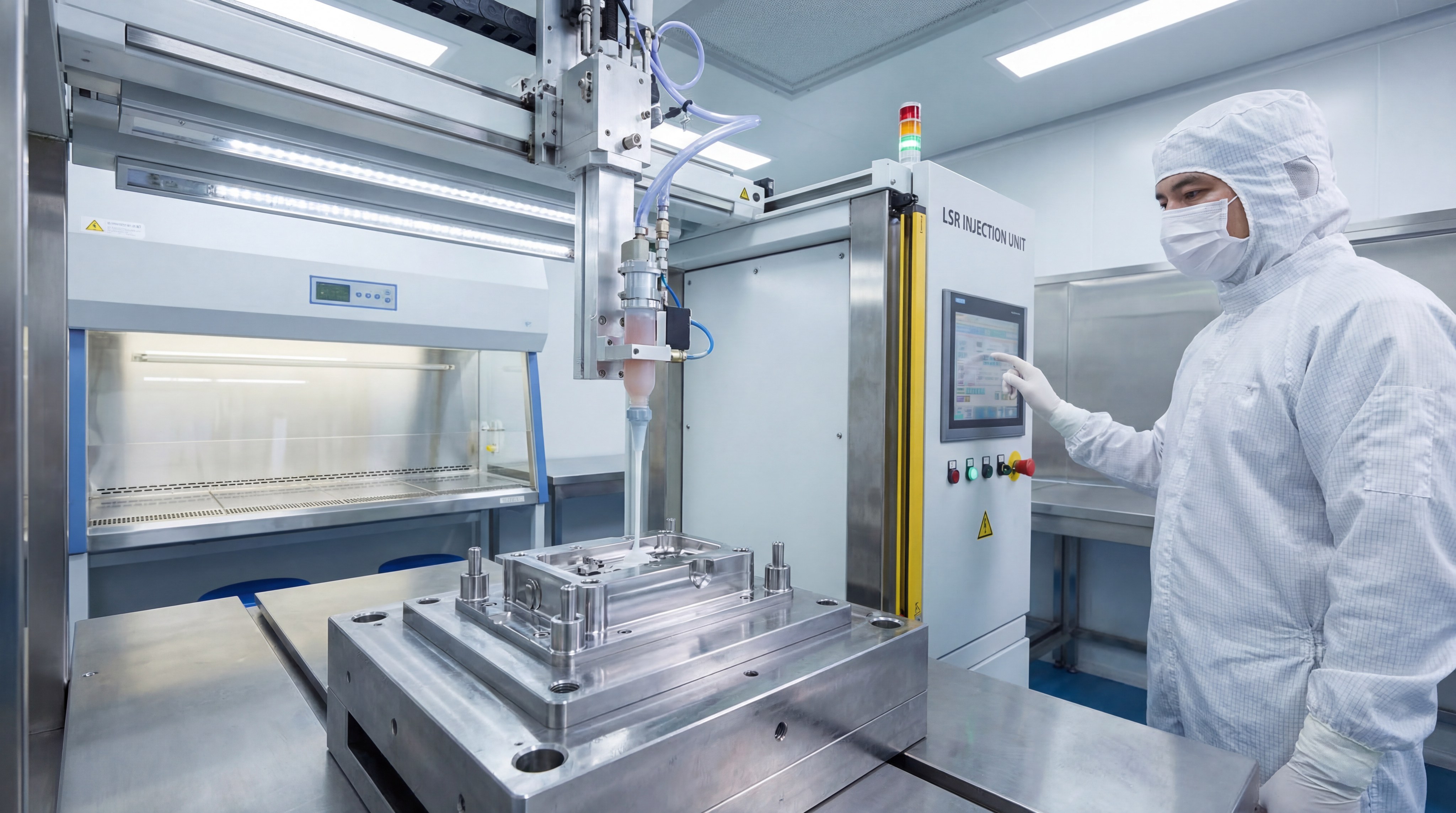 A high-precision Liquid Silicone Rubber overmolding unit in a cleanroom environment, showing the injection nozzle and a complex mold base.