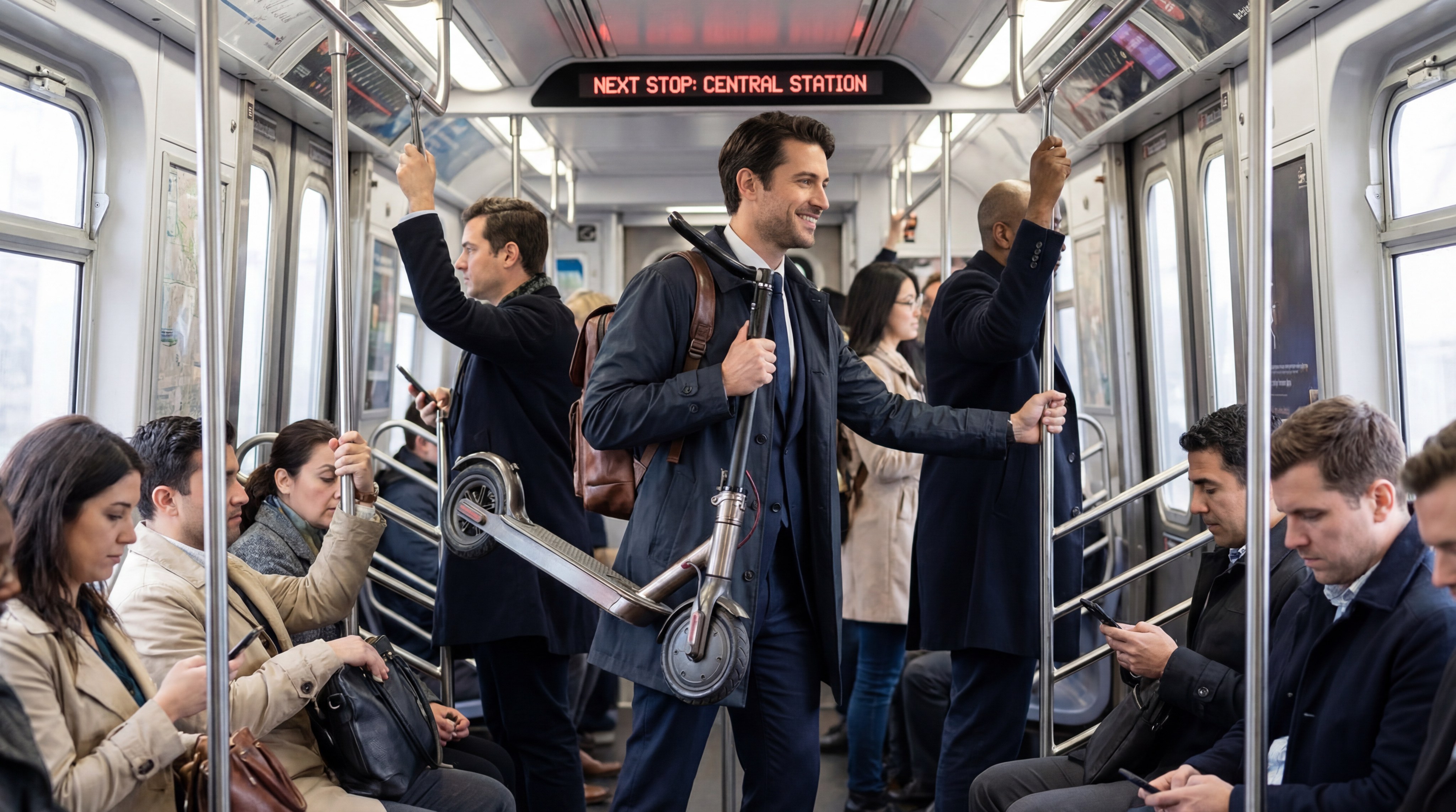 A professional commuter effortlessly carrying a sleek, folded electric scooter onto a crowded metropolitan train during rush hour.