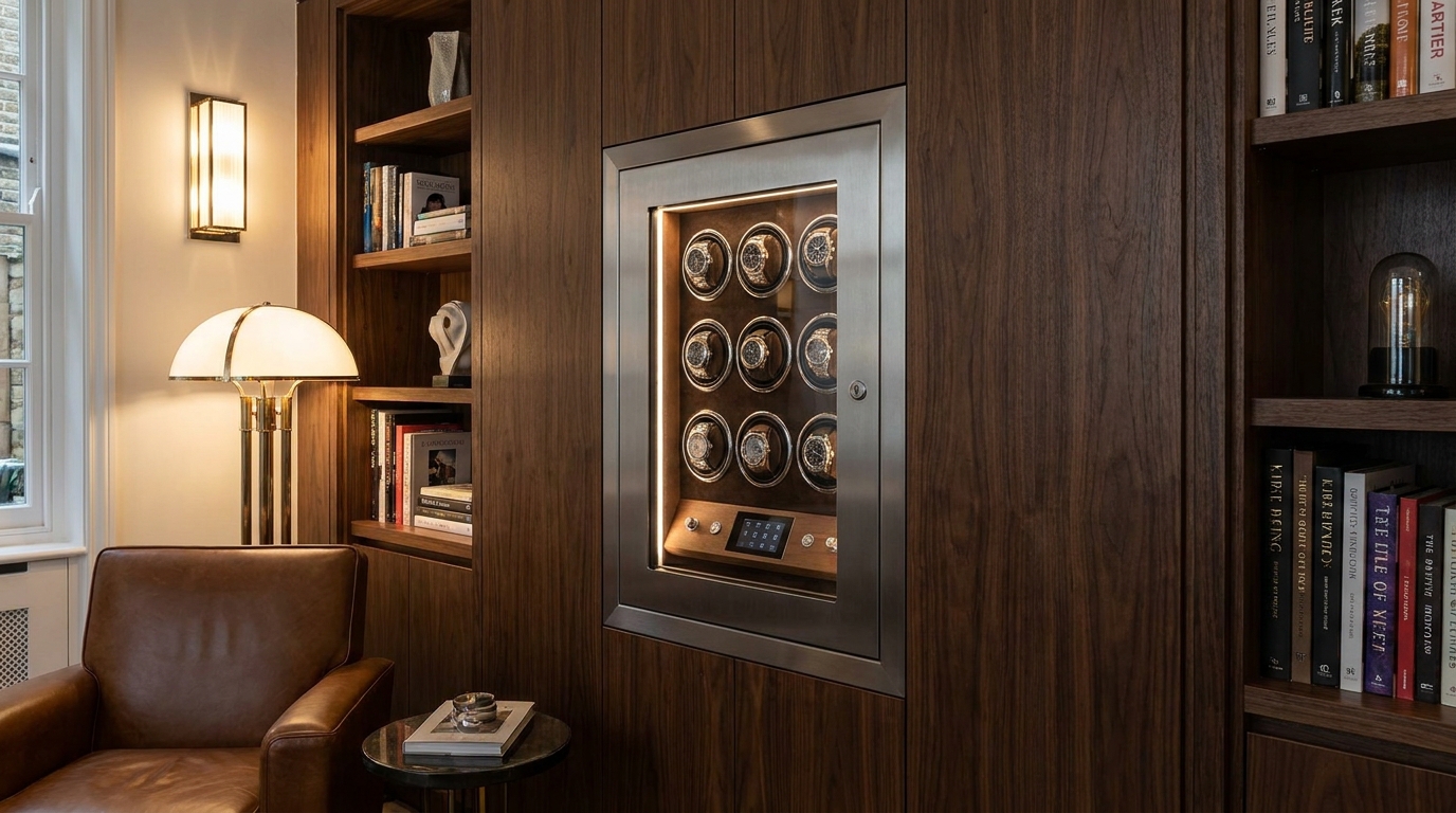 Sleek modern wall-mounted watch safe integrated into a high-end closet design with backlighting