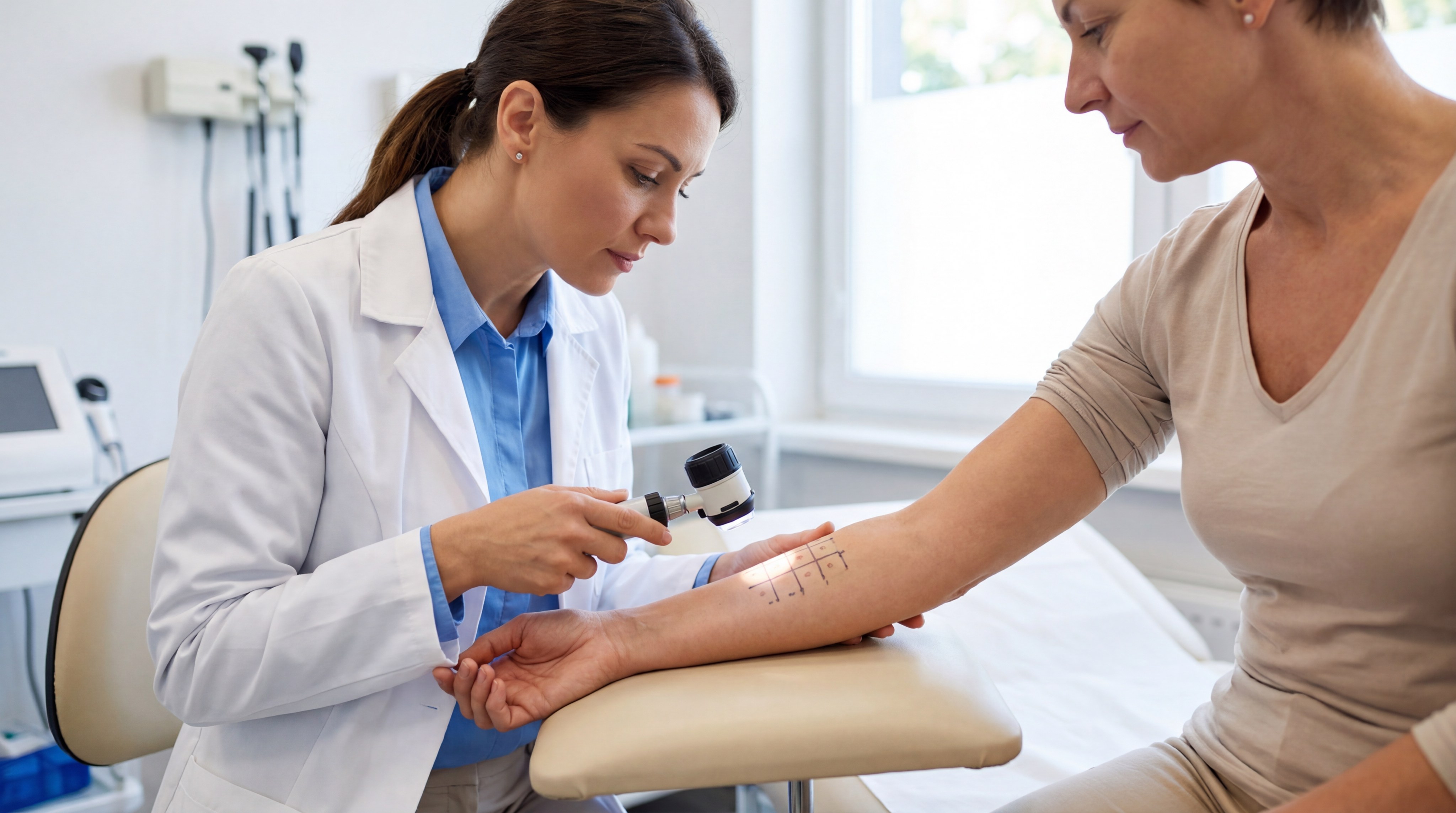 Alt Text: A professional dermatologist in a bright clinic, using a digital magnifying tool to examine a small, healthy skin patch test on a patient's arm