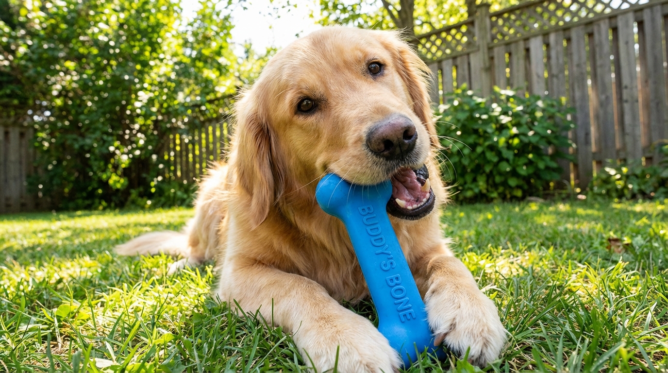 A happy dog with a custom silicone toy