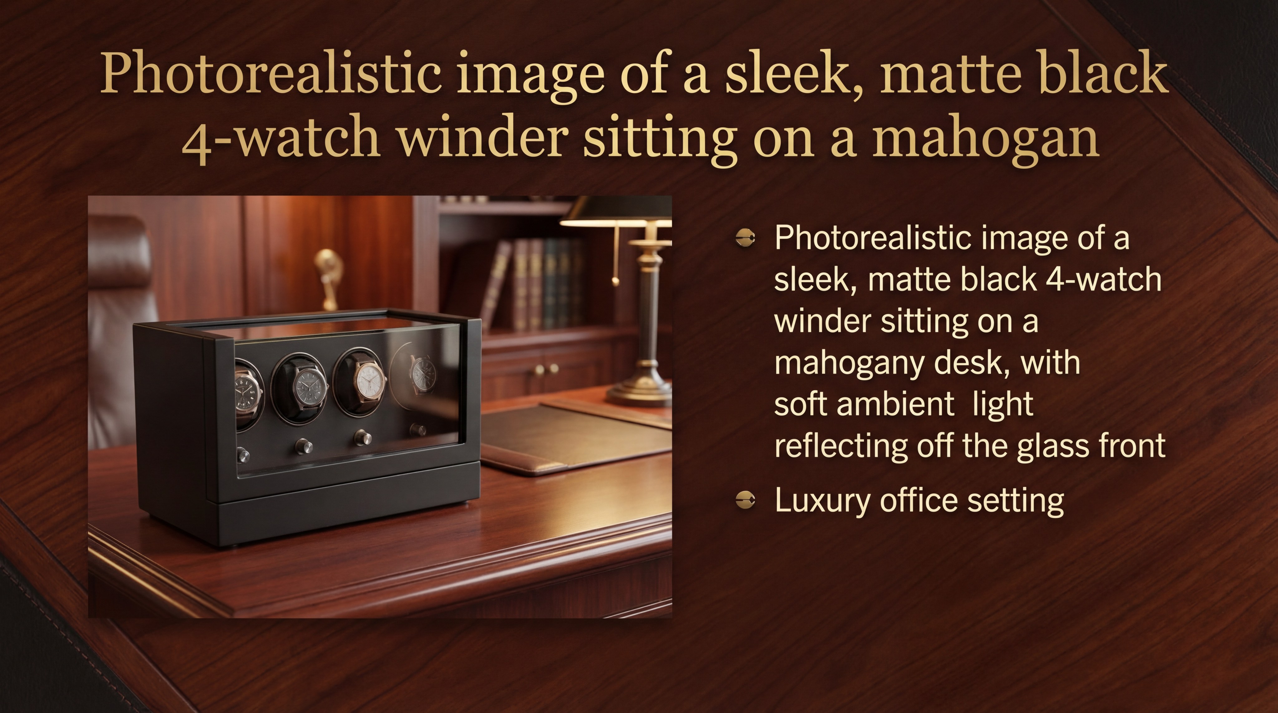 Photorealistic image of a sleek, matte black 4-watch winder sitting on a mahogany desk, with soft ambient light reflecting off the glass front