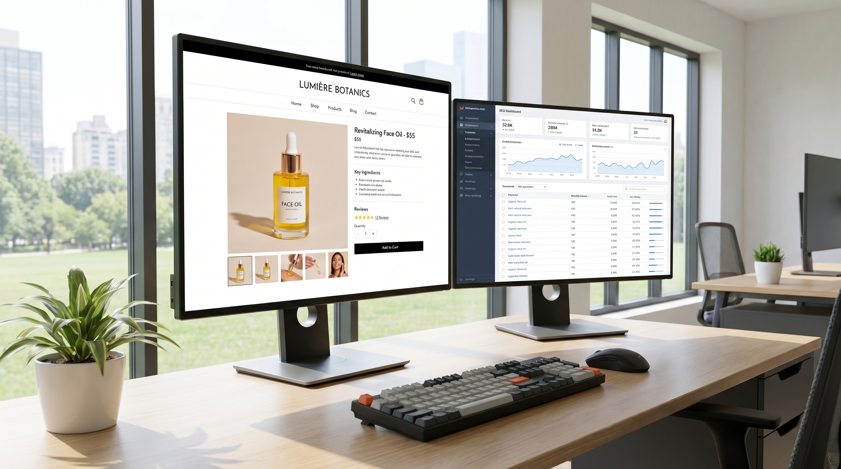Dual Monitor E-Commerce and SEO Optimization Workspace