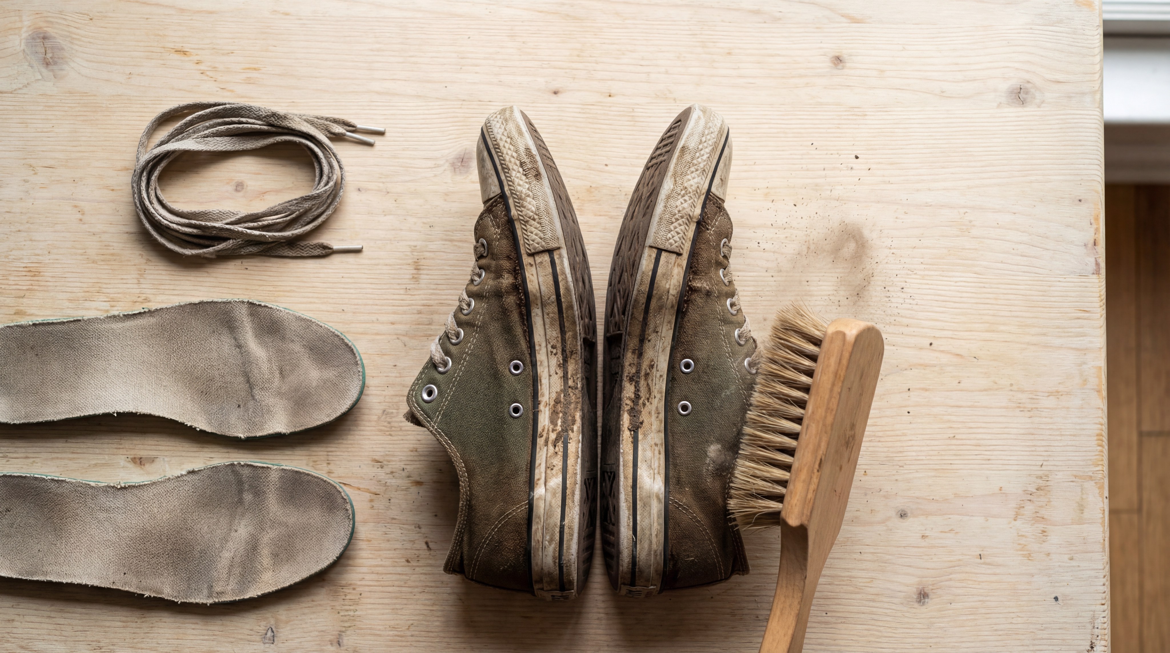Alt Text: sneaker cleaning flat lay showing removed laces and dry brushing action