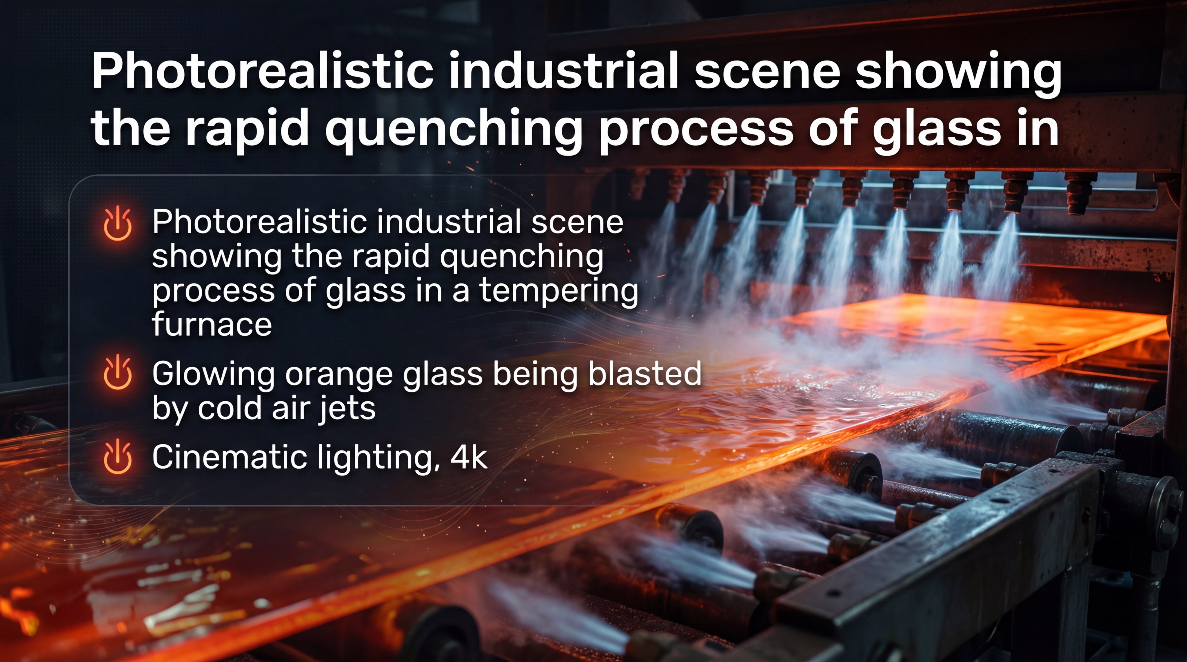 Photorealistic industrial scene showing the rapid quenching process of glass in a tempering furnace