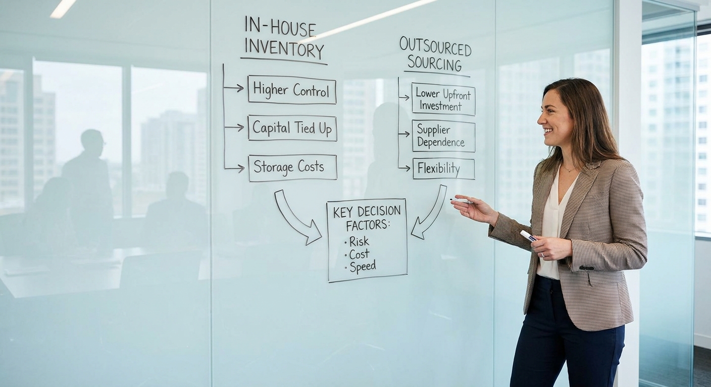 Business Strategist Comparing In-house Inventory and Outsourced Sourcing