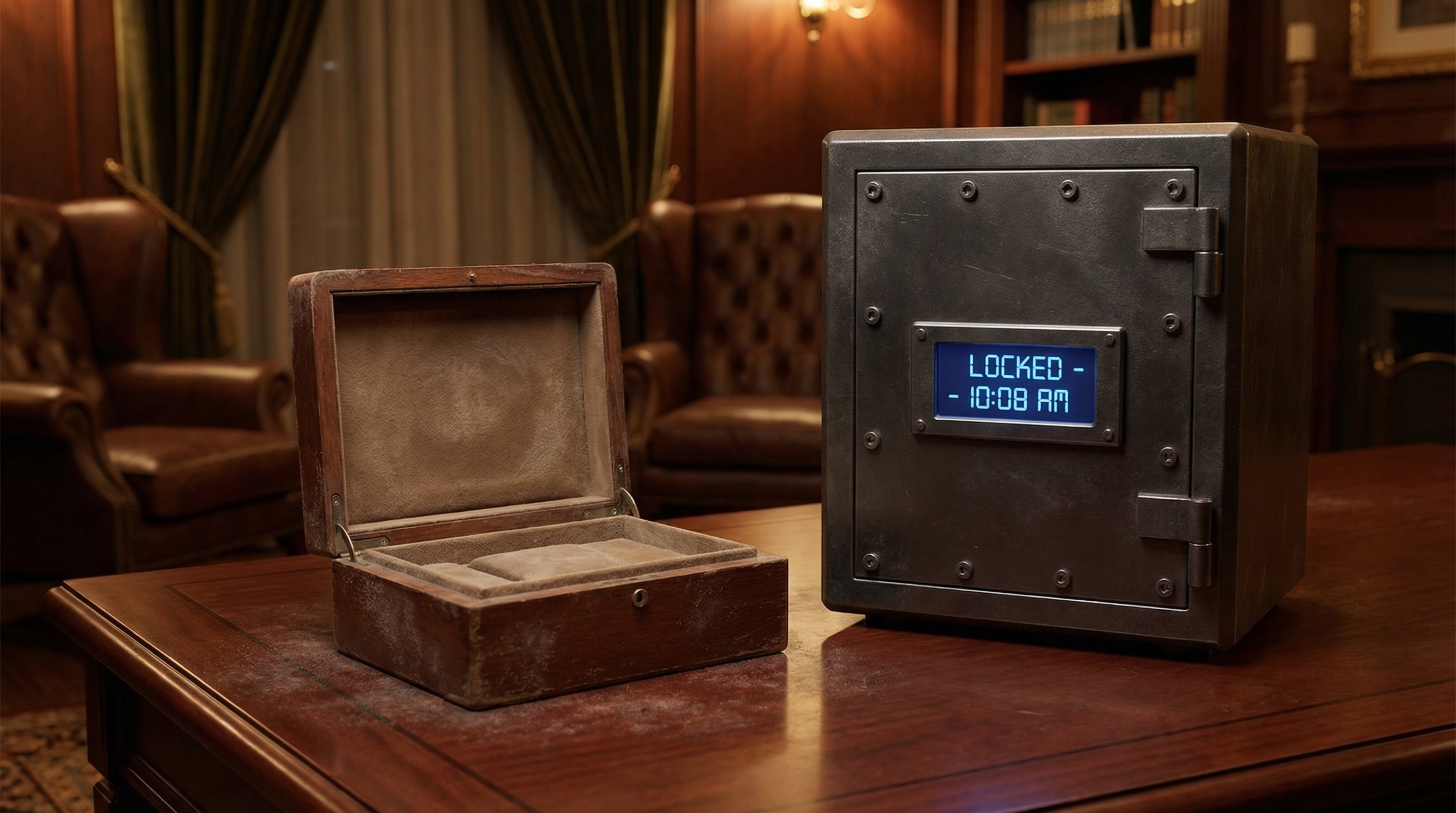 Comparison scene showing a dusty wooden watch box next to a high-tech armor watch safe