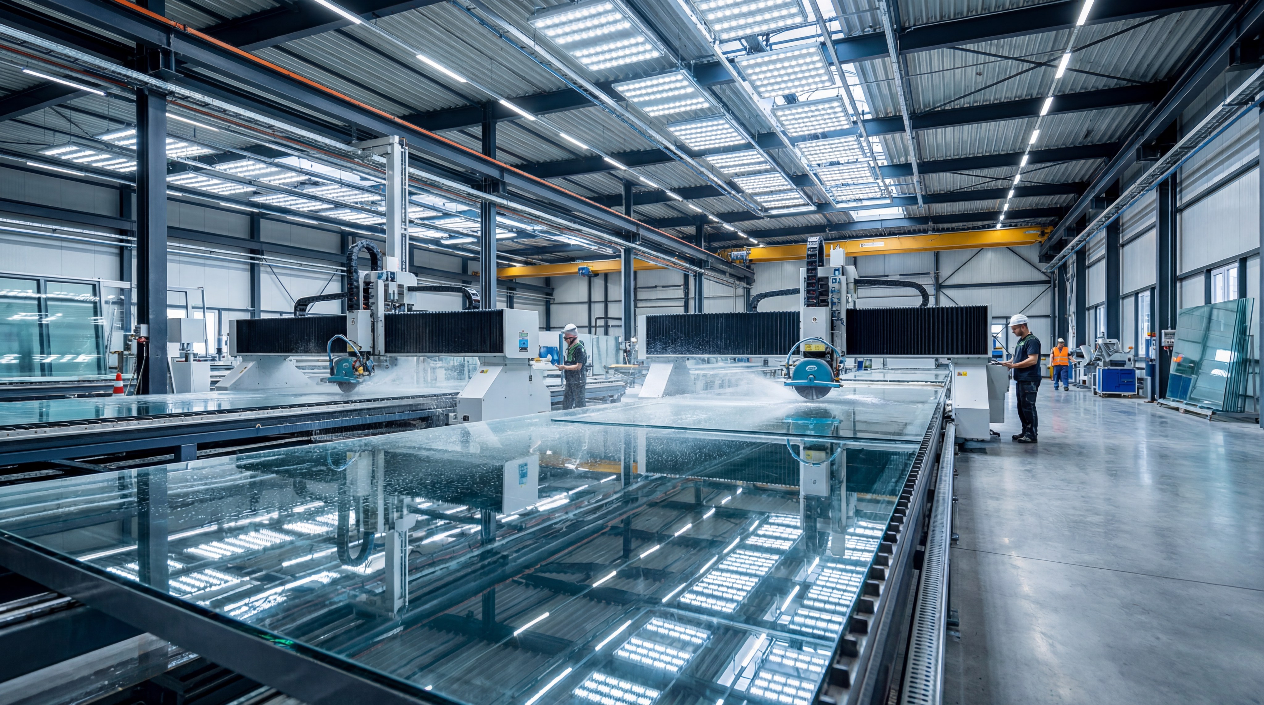 Photorealistic wide shot of a clean, modern 30,000 square meter glass fabrication facility with high-tech CNC machines cutting large sheets of clear glass under bright industrial LED lighting.