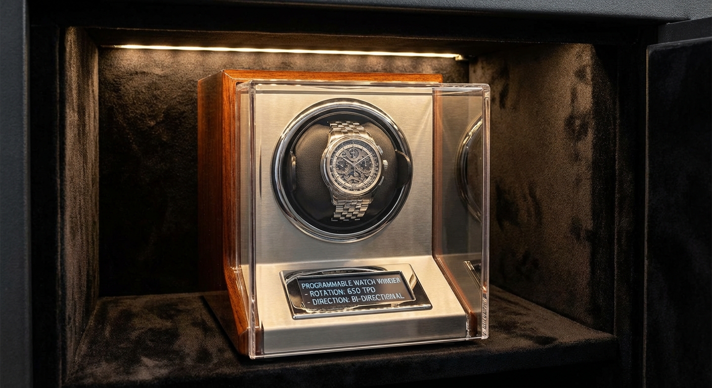 A luxury watch winder module with programmable display inside a safe