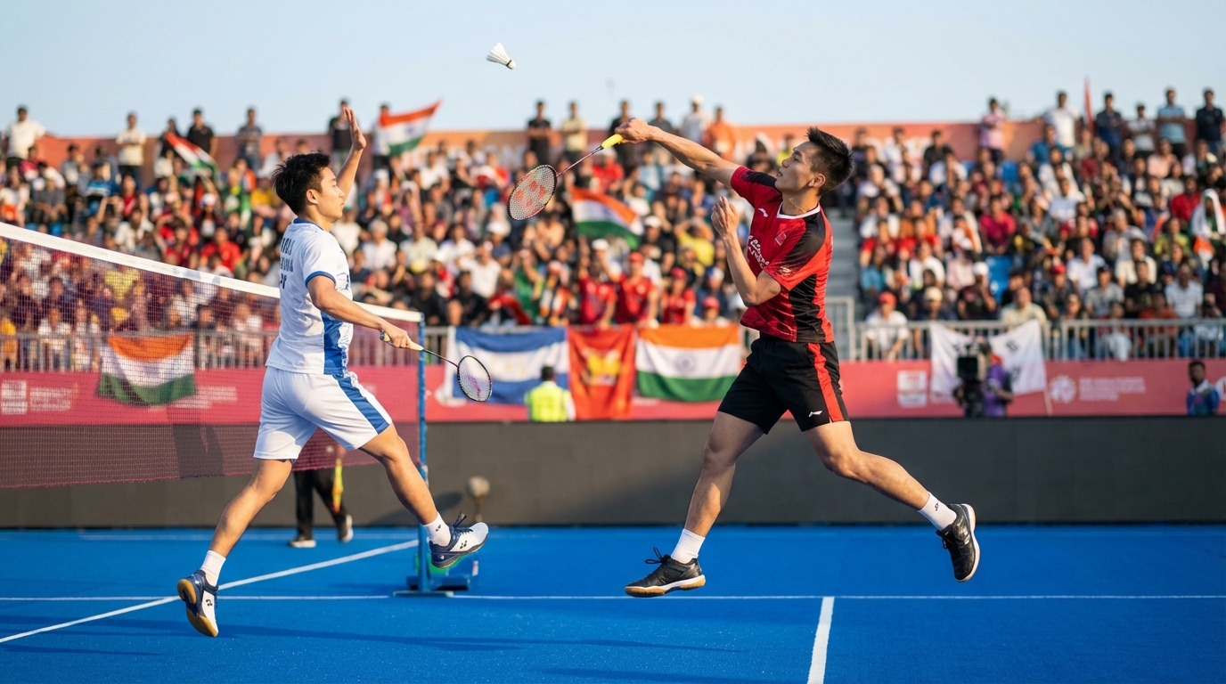 Professional athletes performing a mid-air smash on a blue padel court during a competition