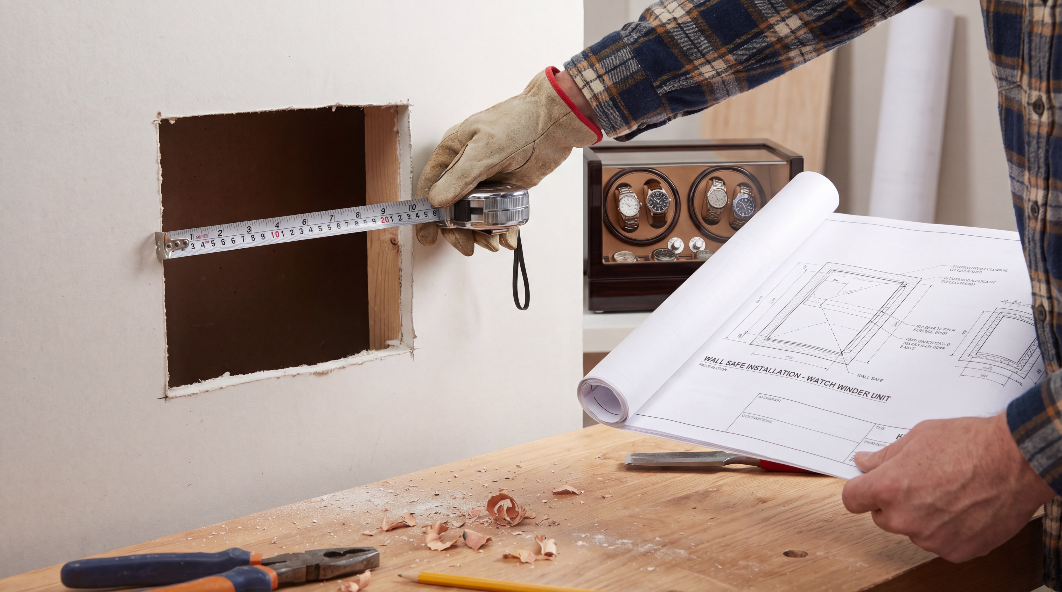 Person using a measuring tape to check the depth of a cut-out in a wall for a watch safe.