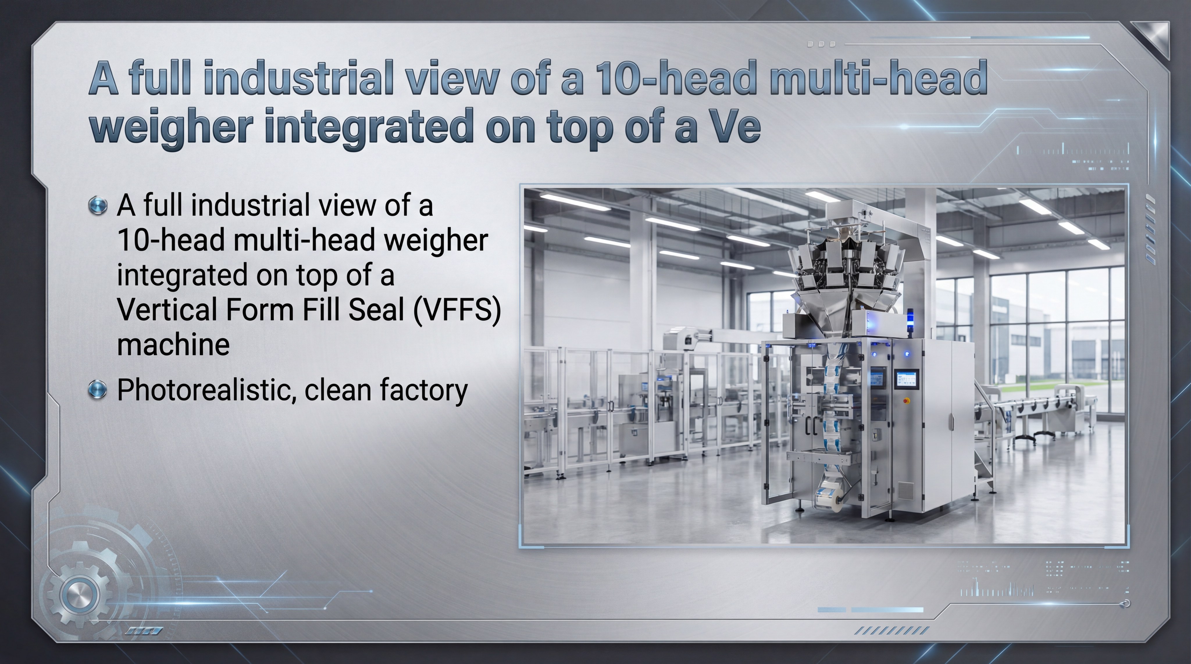 A full industrial view of a 10-head multi-head weigher integrated on top of a Vertical Form Fill Seal machine