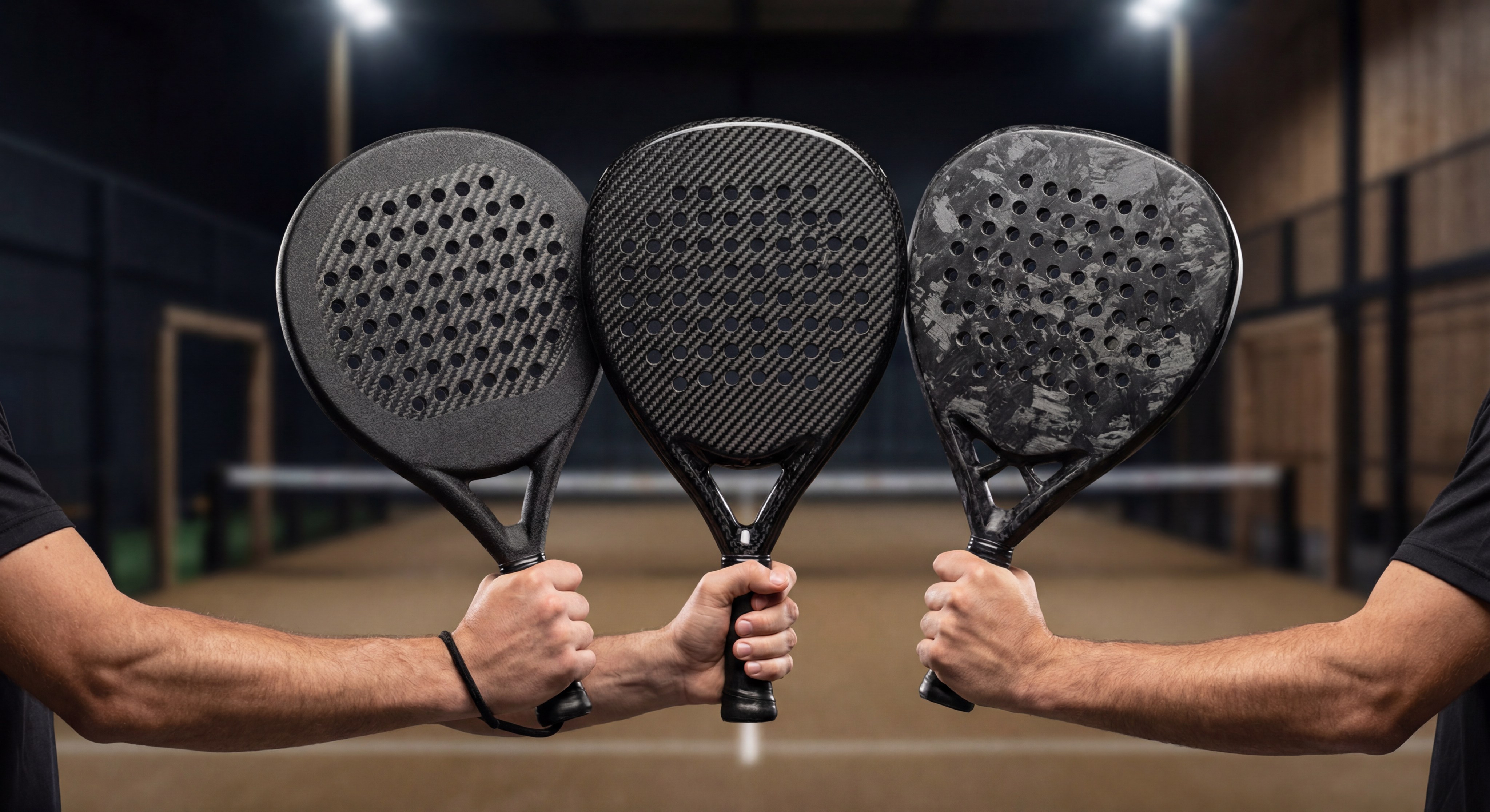 A comparison shot of three rackets (Round, Teardrop, Diamond) held by a player, showcasing the different "board" shapes and textures.
