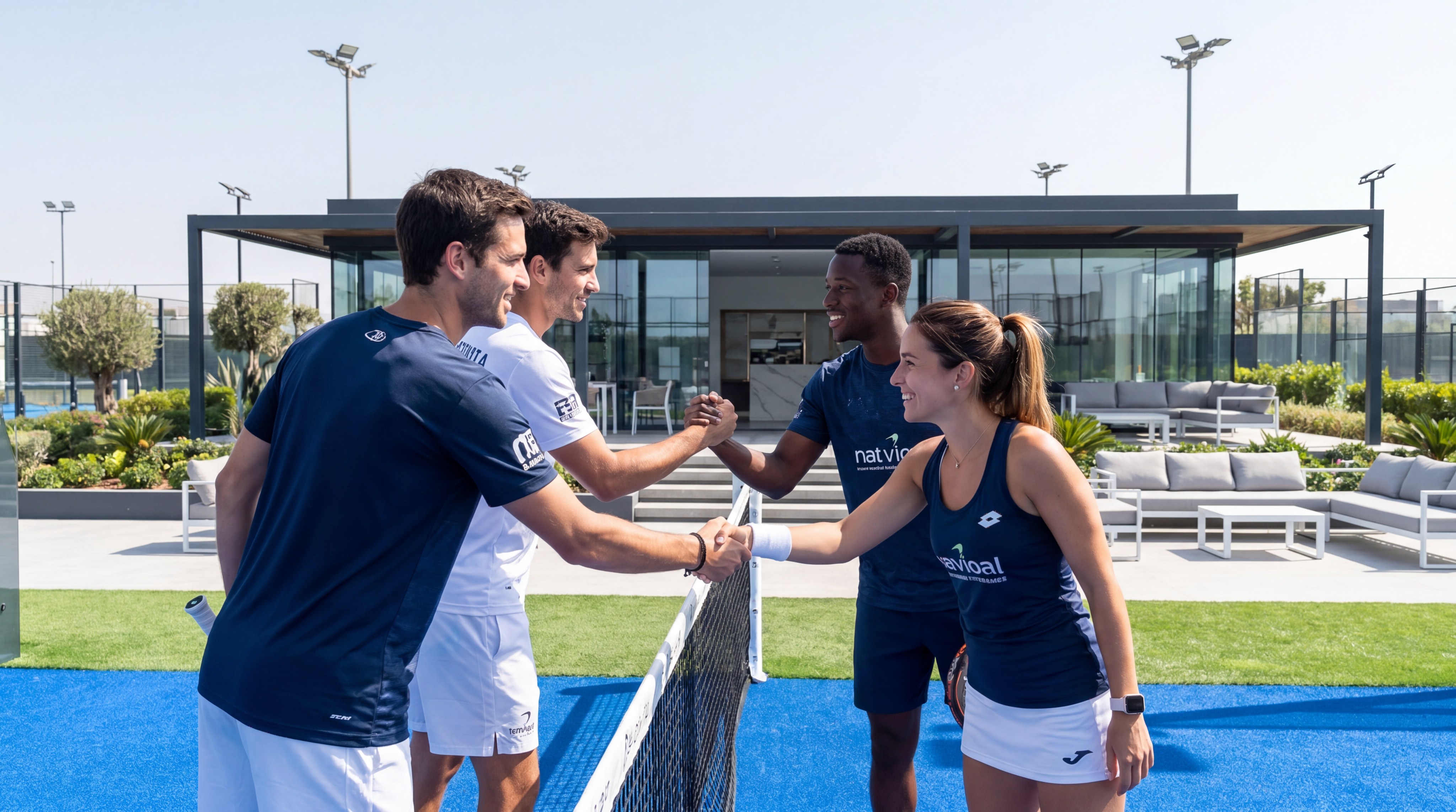 Athletic players shaking hands over the net after a padel match