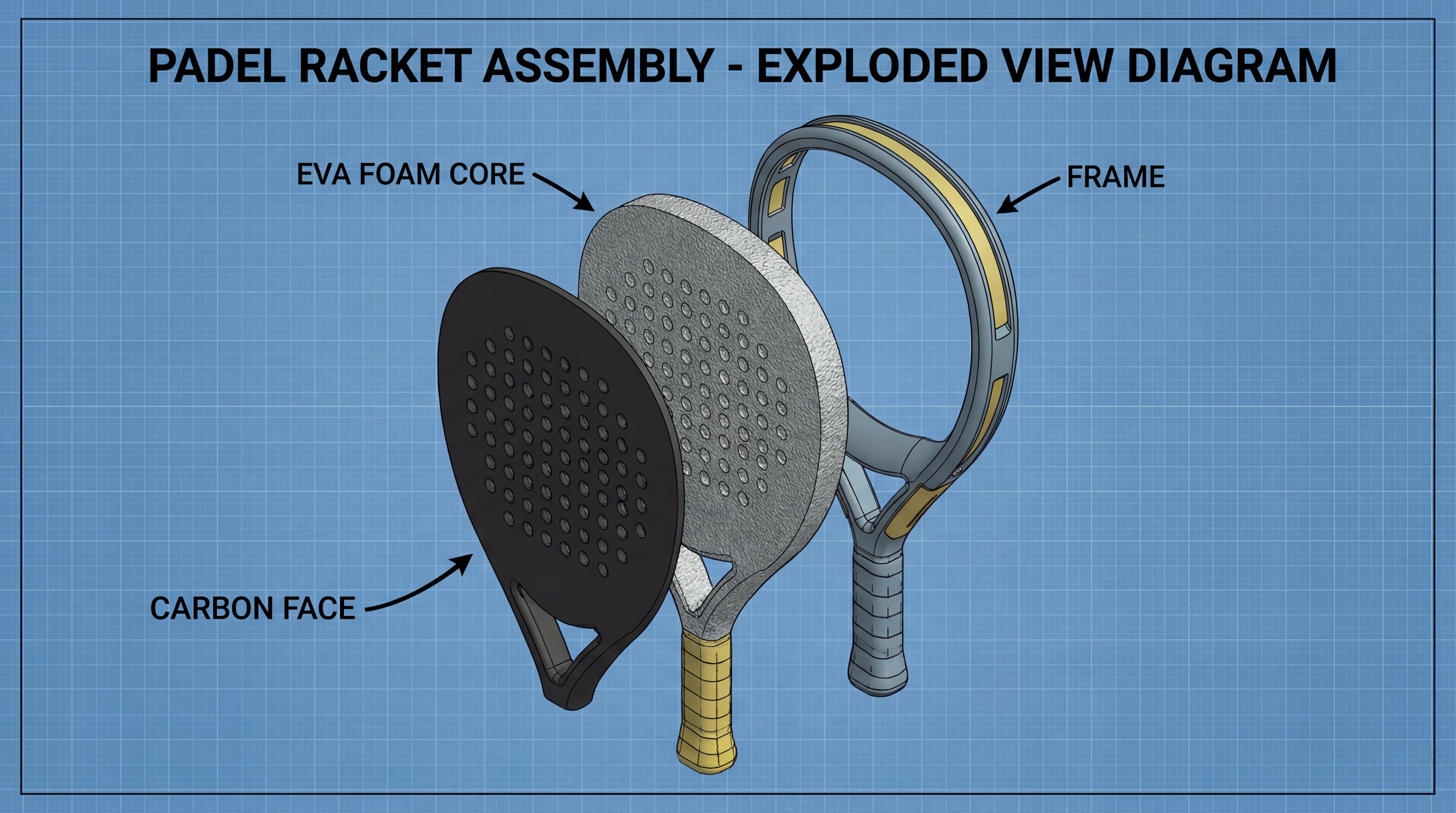 A technical 3D diagram showing a cross-section of a Siux racket, illustrating the layers of carbon, the inner EVA foam core, and the reinforced bridge.