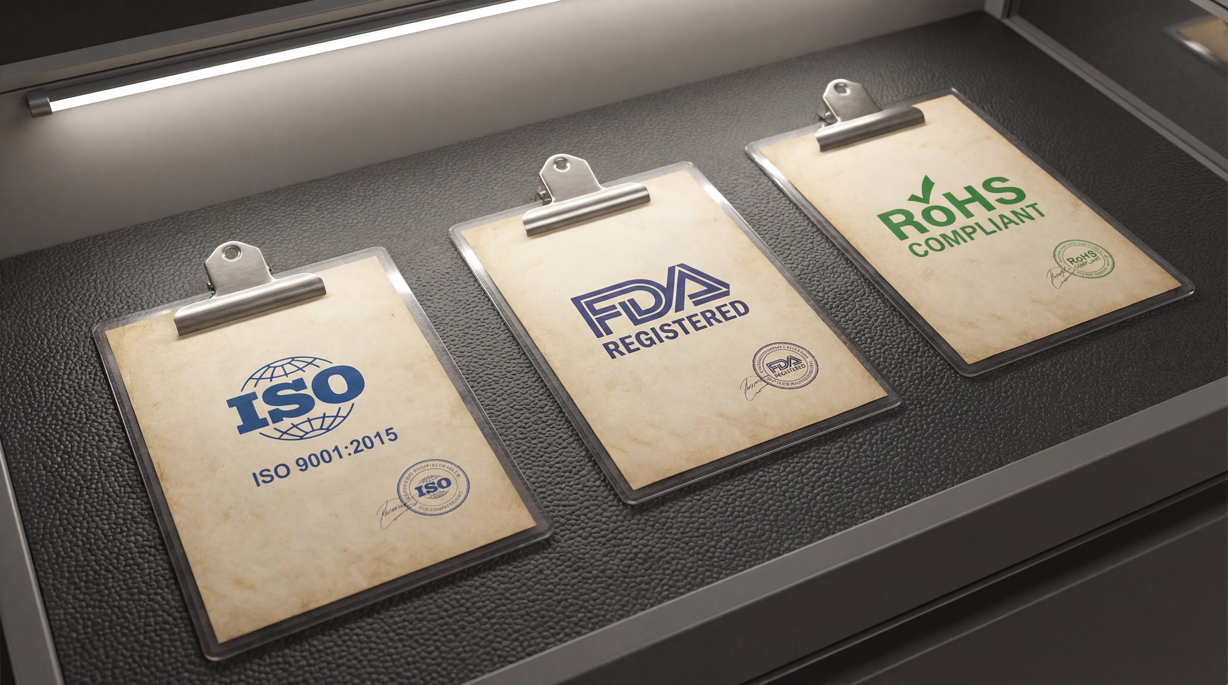 Alt Text: A professional graphic layout of various international safety seals, including ISO 9001, FDA, and RoHS