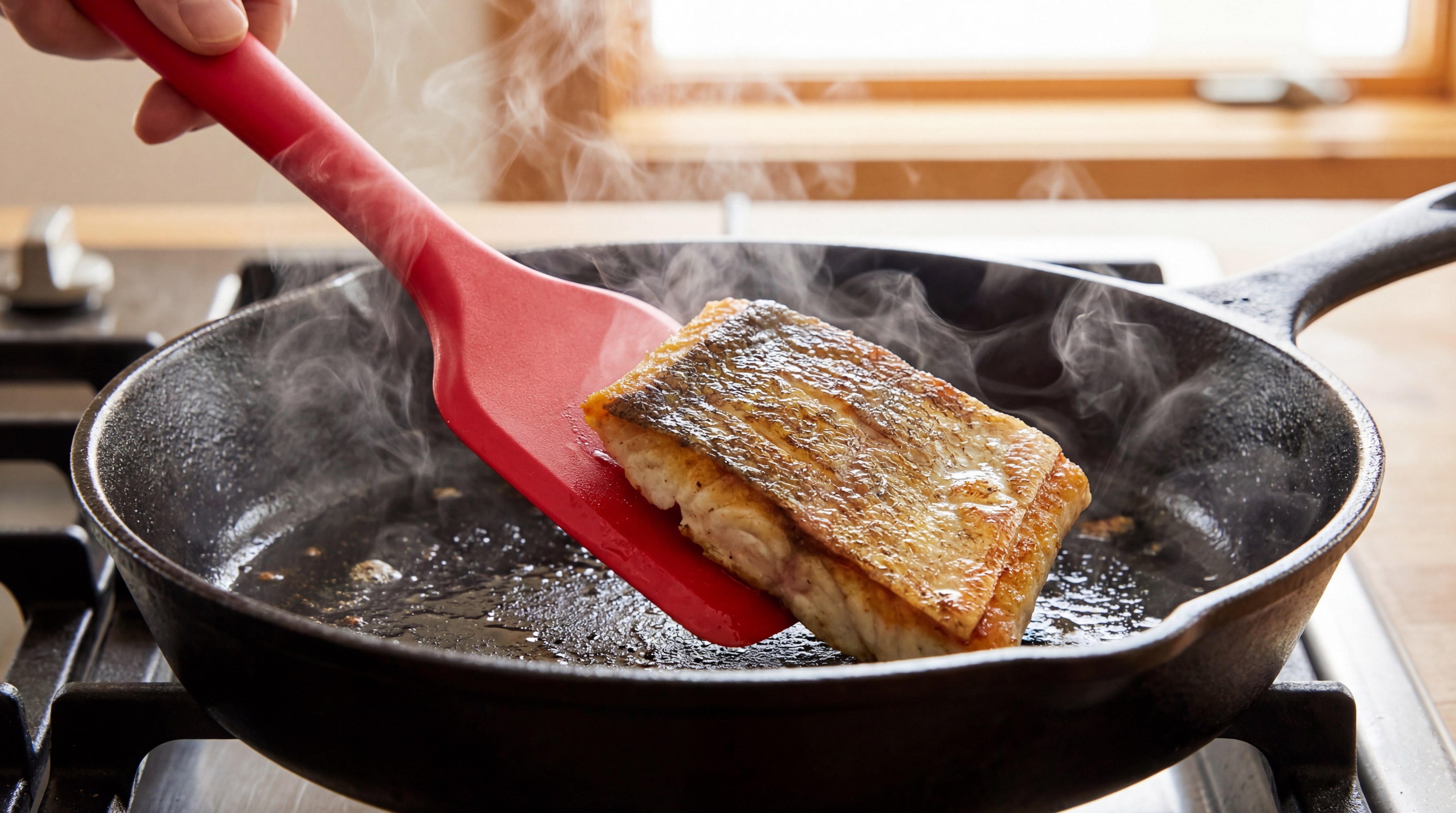 Red Silicone Spatula Lifting Cooked Fish from Hot Pan